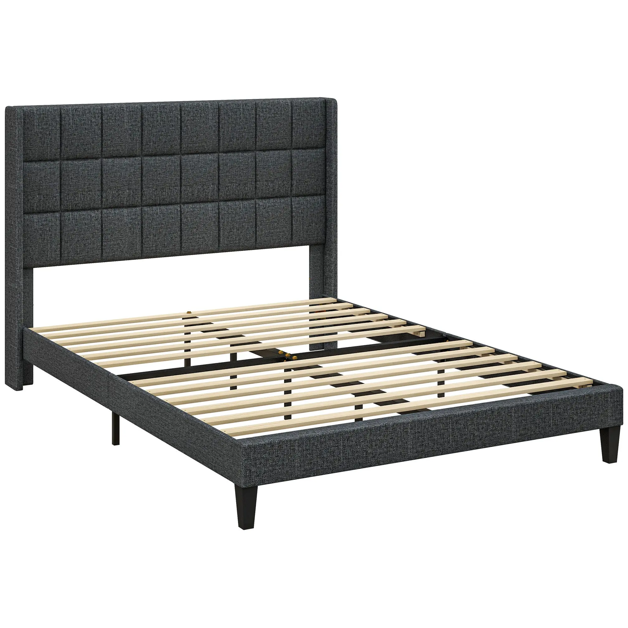 Upholstered Double Bed (135 x 190 cm / 53.1 x 74.8 in) with Winged Padded Headboard & Under-Bed Storage, Slatted Wood Frame, Modern Design, Easy Assembly, Gray