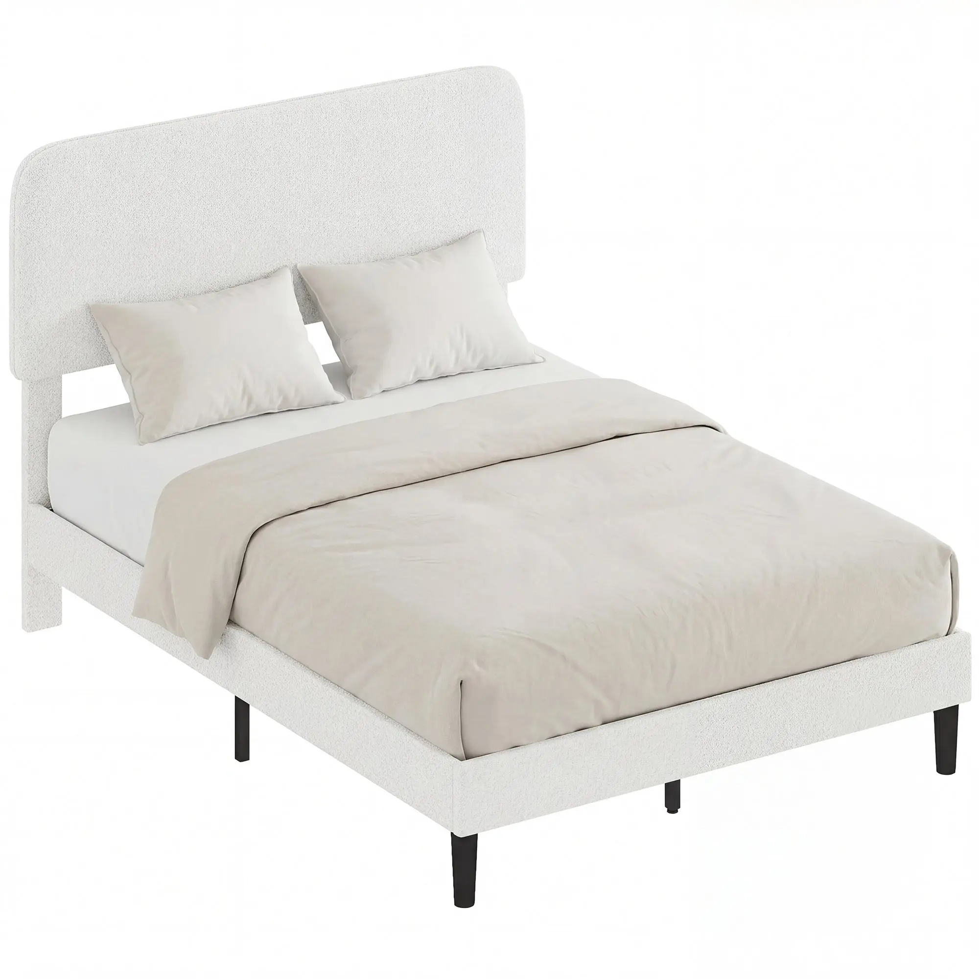 Sherpa-Upholstered Double Bed, 135x190 cm (54 x 75 in) — Height-Adjustable Headboard, Wooden Slats, White