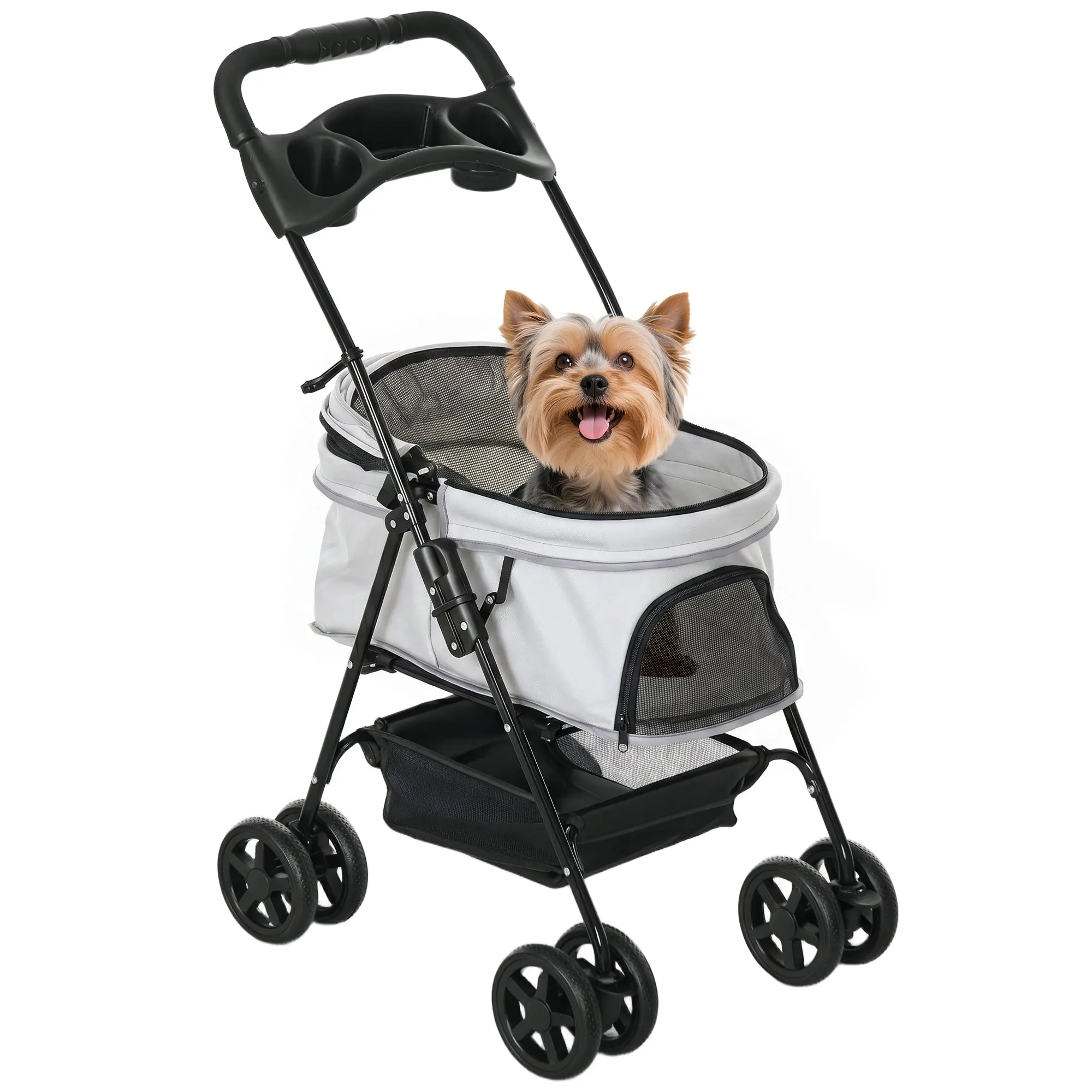 Foldable Small Dog Stroller – 4 EVA Wheels (Swivel & Brake), Secure Bassinet, Adjustable Canopy, Cup Holders & Mesh Window, 67 x 45 x 96 cm (26.4 x 17.7 x 37.8 in) – Light Gray
