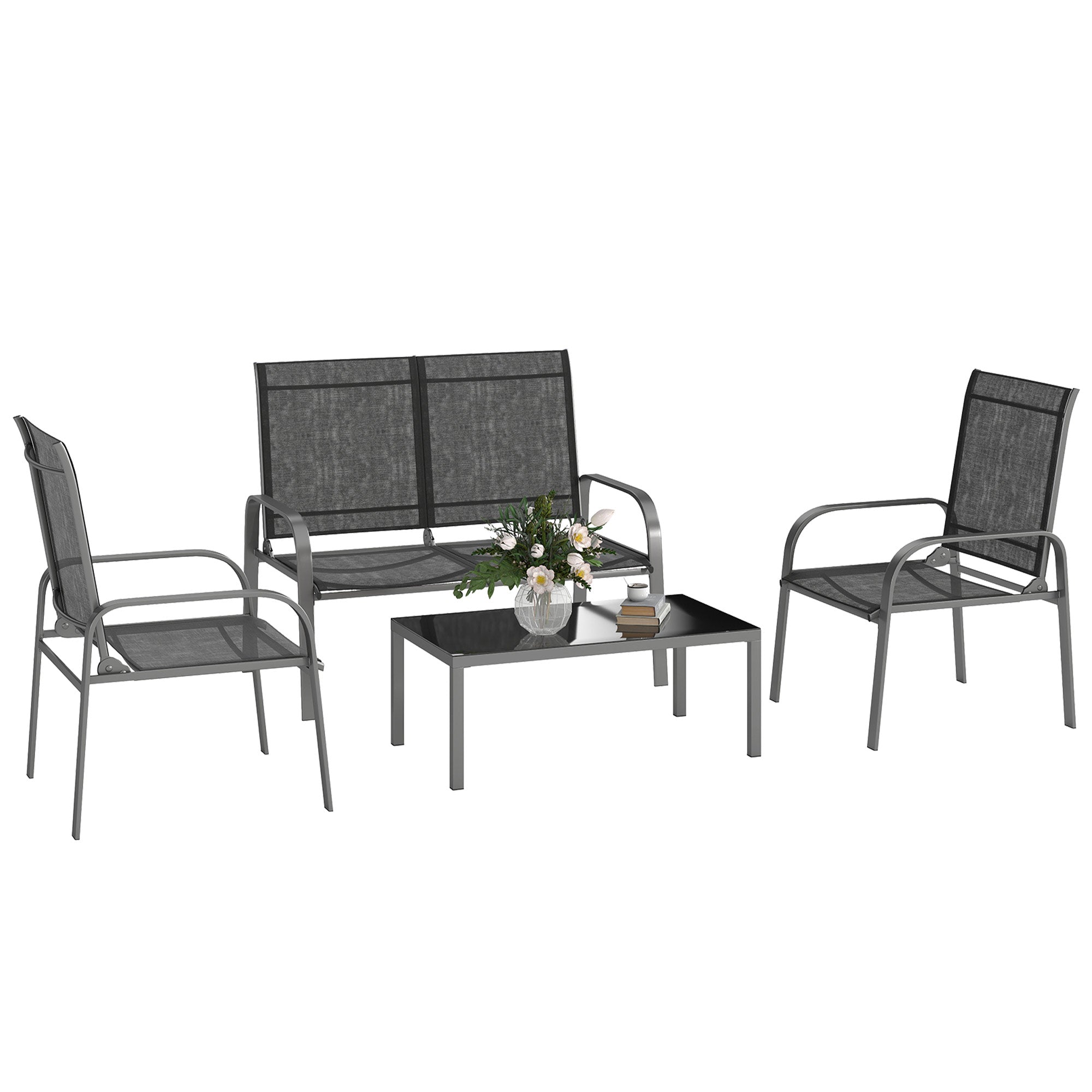 Outsunny 4-teiliges Garten-Lounge-Set mit 2-Sitzer-Liebesbank, verstellbarer Rückenlehne, 2 Stühlen und Glastisch, wetterfestes Möbelset aus Stahl und Textilene, Schwarz