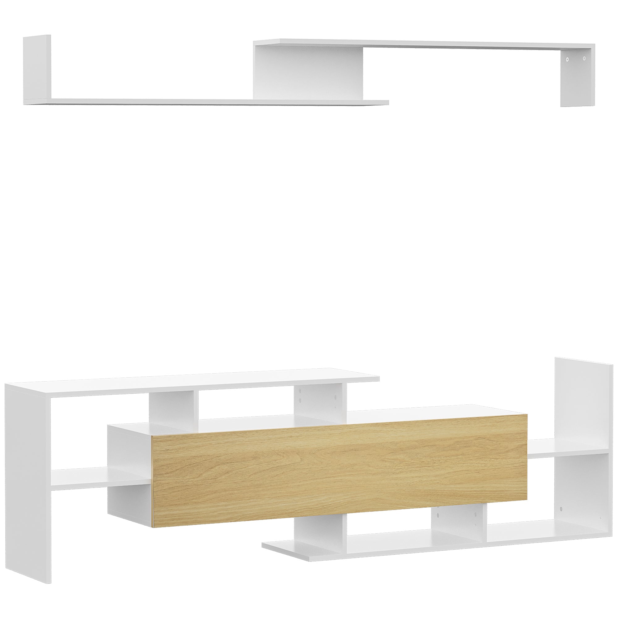 HOMCOM Set namještaja za dnevni boravak s TV stolićem za TV-e do 65" - zidni ili podni do 40" s TV stolom dimenzija 153,6x25x42 cm i policom 150x14,5x16,3 cm u bijeloj i prirodnoj boji