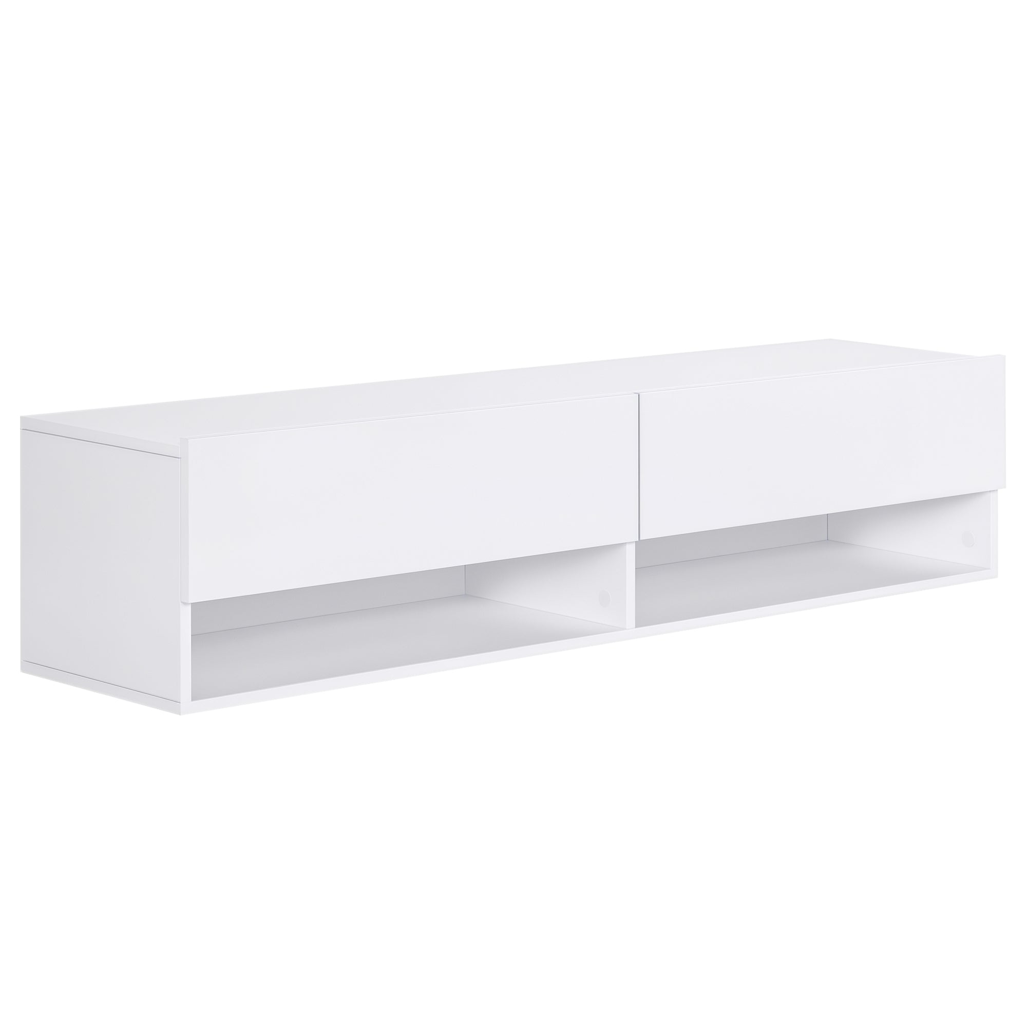 HOMCOM pie sienas montējams televizora statīvs ar 2 nodalījumiem un 2 skapīšiem ar nolokāmajām durvīm televizora statīvs 60 collu televizoram 140x32x31 cm balts