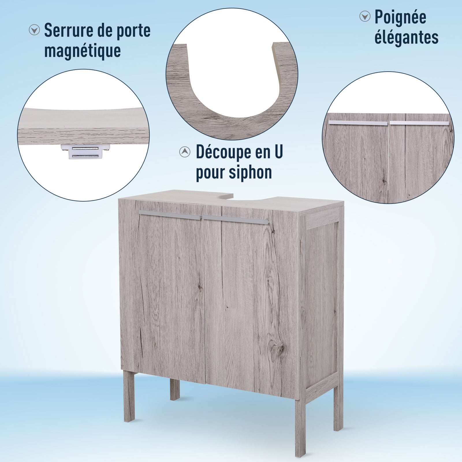 Bathroom Vanity Unit with Sink - Under Sink Cabinet - 2 Doors Cupboard with Shelf - dims. 60L x 30W x 70H cm - Gray Wood Imitation MDF