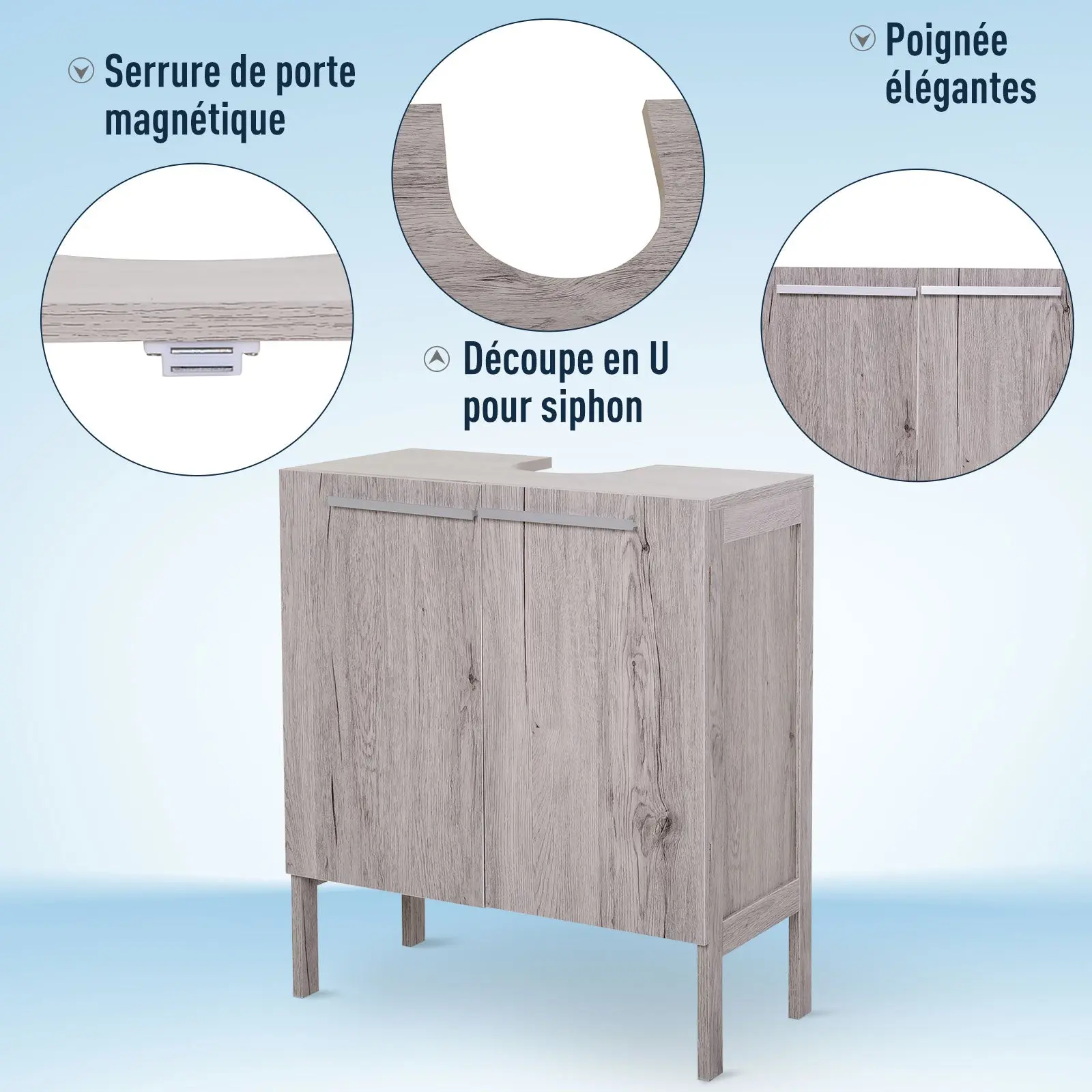 Bathroom Vanity Unit with Sink - Under Sink Cabinet - 2 Doors Cupboard with Shelf - dims. 60L x 30W x 70H cm - Gray Wood Imitation MDF