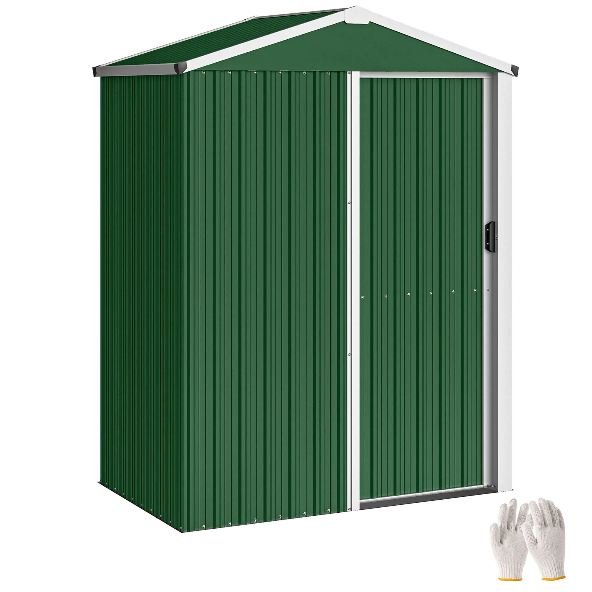 Galvanized Steel Garden Shed 1.1 m², Lockable Single Sliding Door, Sloped Roof, Includes Gloves, Tool Storage Shed, 53.5 x 34.3 x 70.5 in (136 x 87 x 179 cm), Green