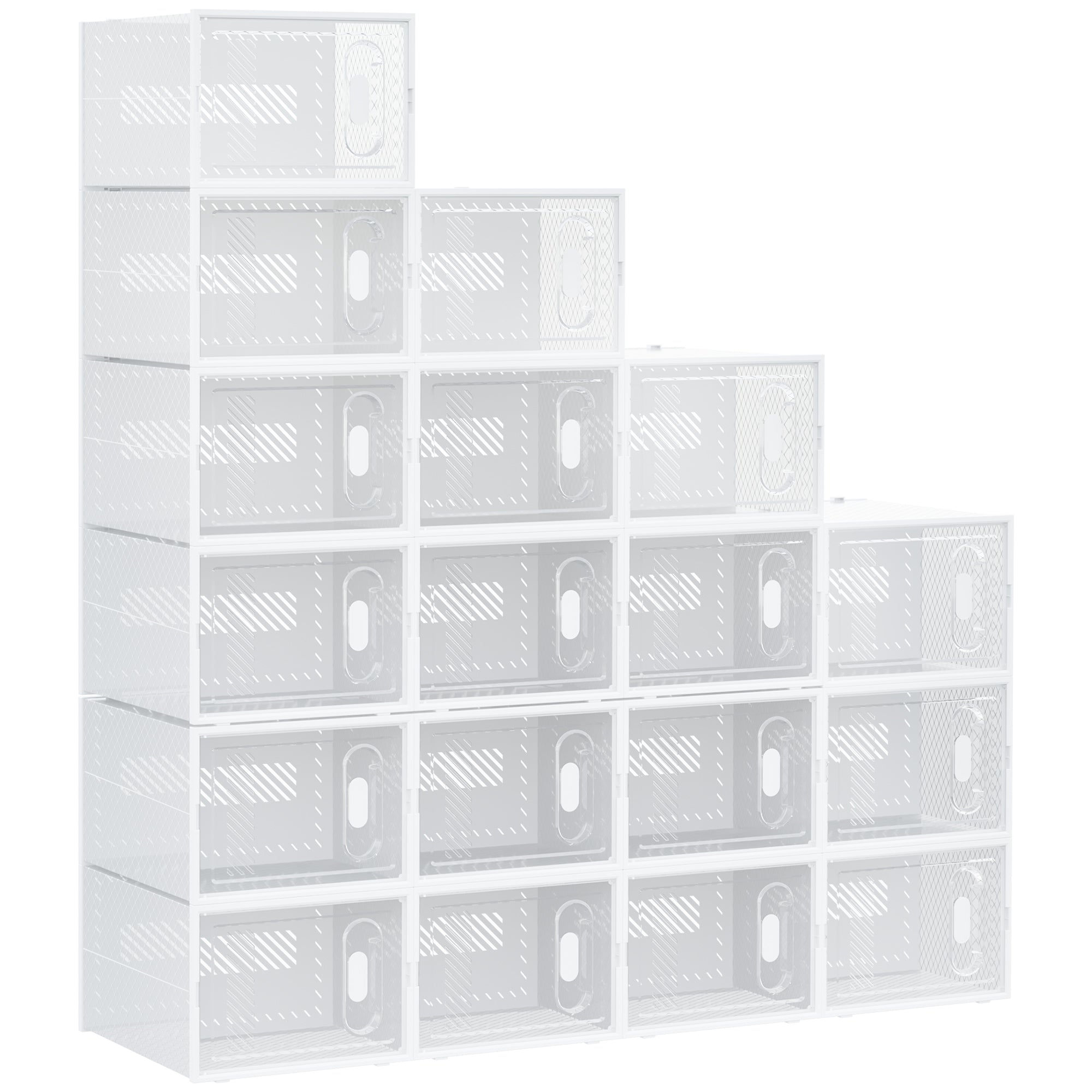 18-Piece Shoe Box Set, Shoe Organizer with Magnetic Doors, Shoe Box with Lid, Plastic Shoe Storage for Shoes up to Size 45, Transparent+White