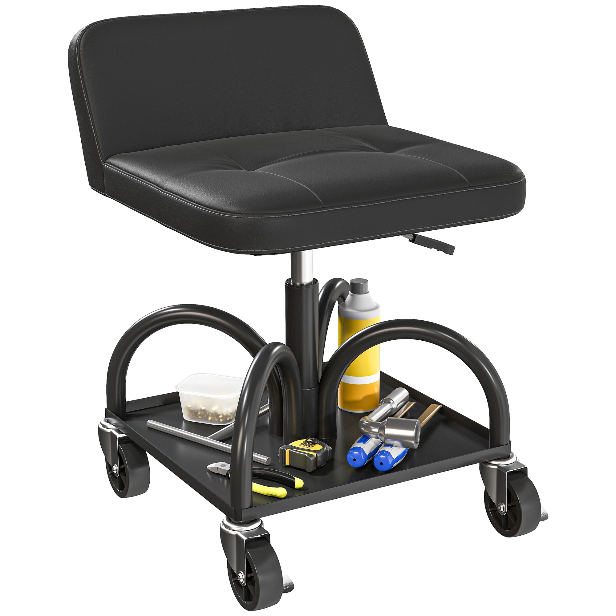 HOMCOM Tabouret d'Atelier avec Roues, Rangements, Support Lombaire, Tabouret Roulant de 58,5 cm de Hauteur jusqu'à 135 kg de Capacité, Tabouret de Garage Noir