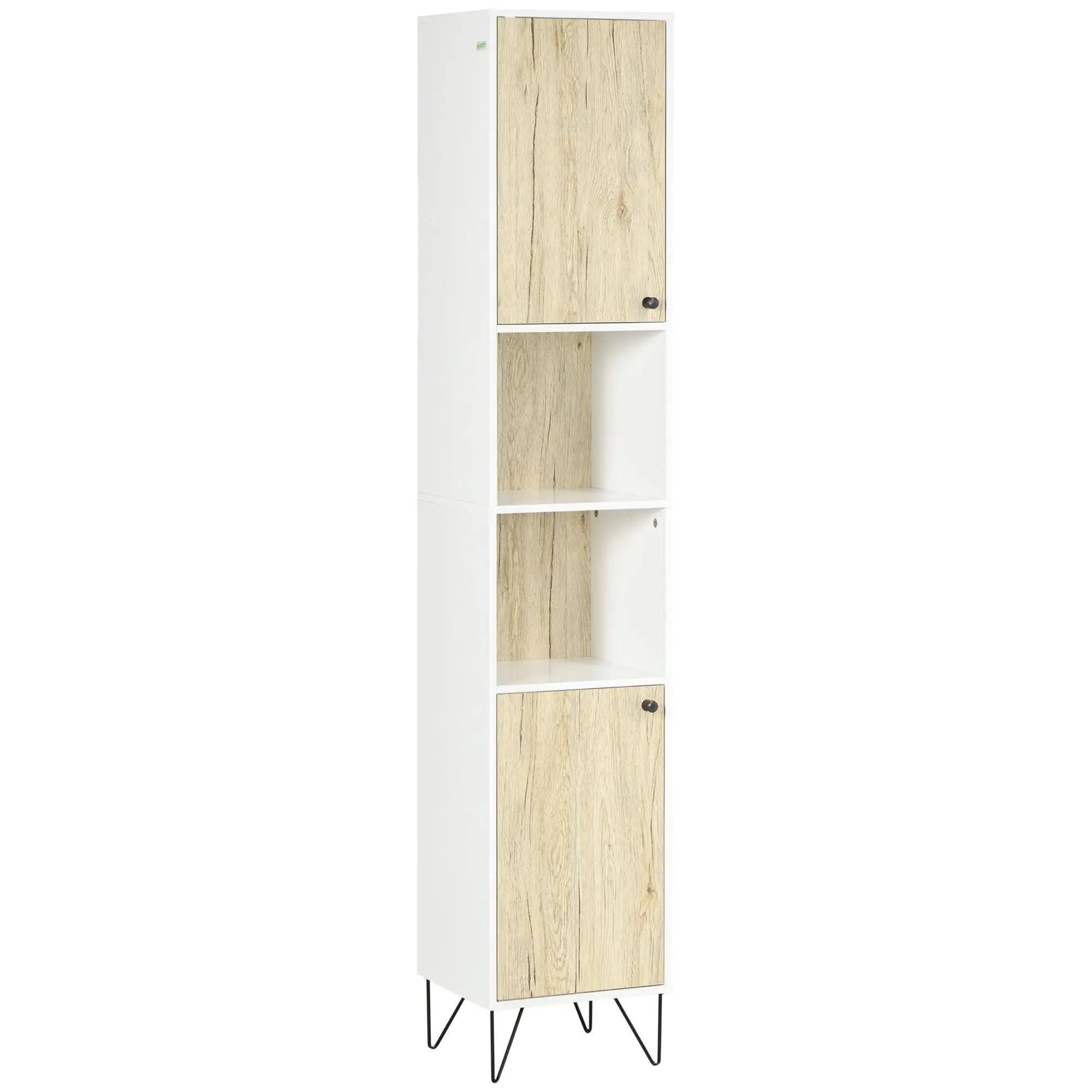 Bathroom Column Cabinet High Toilet Cabinet Hairpin Leg with 2 Closed Cupboards with Shelf and 2 Open Niches - 30 x 31.5 x 169 cm