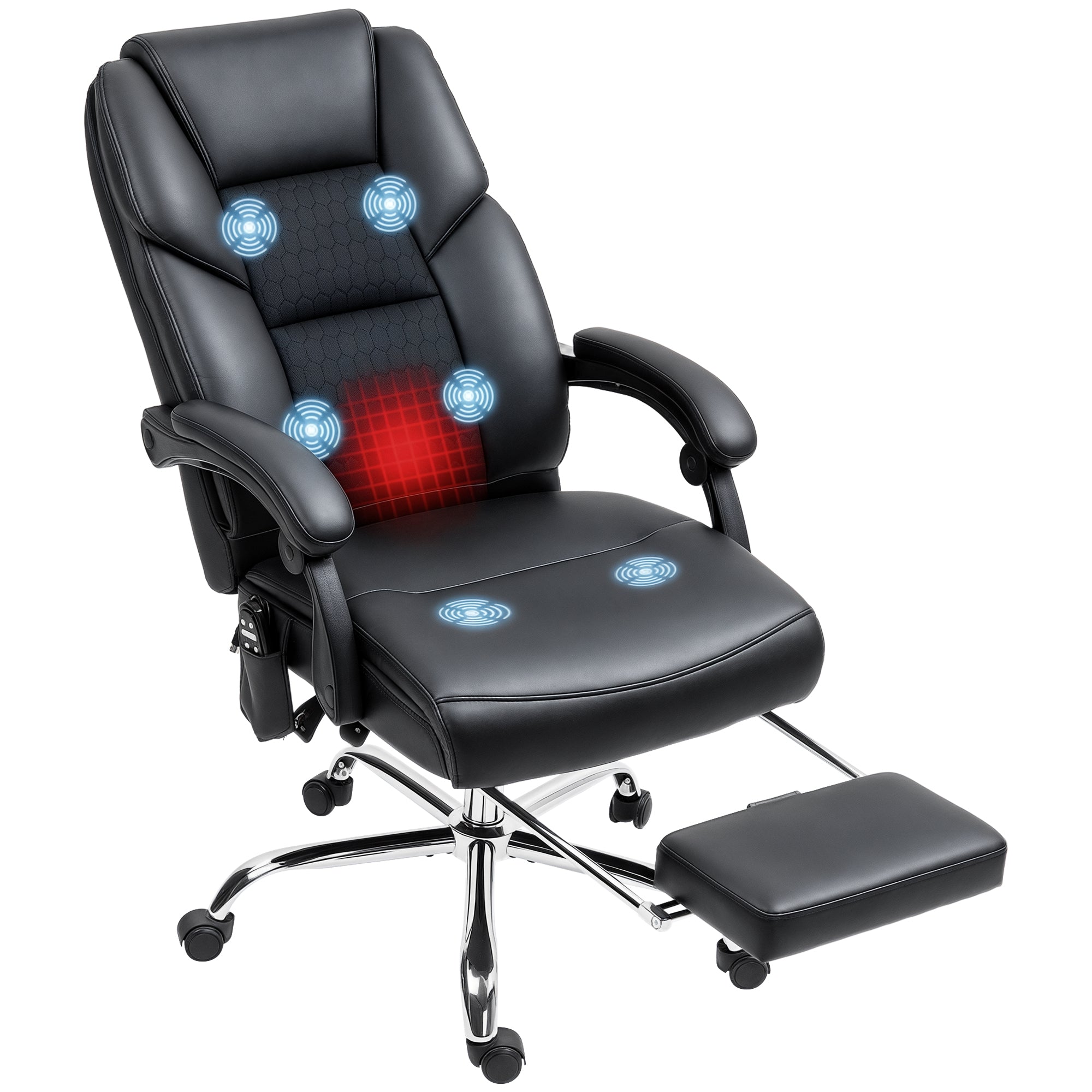 Heated and Reclining Office Massage Chair with Retractable Footrest, Swivel Desk Chair in PU Leather, Black