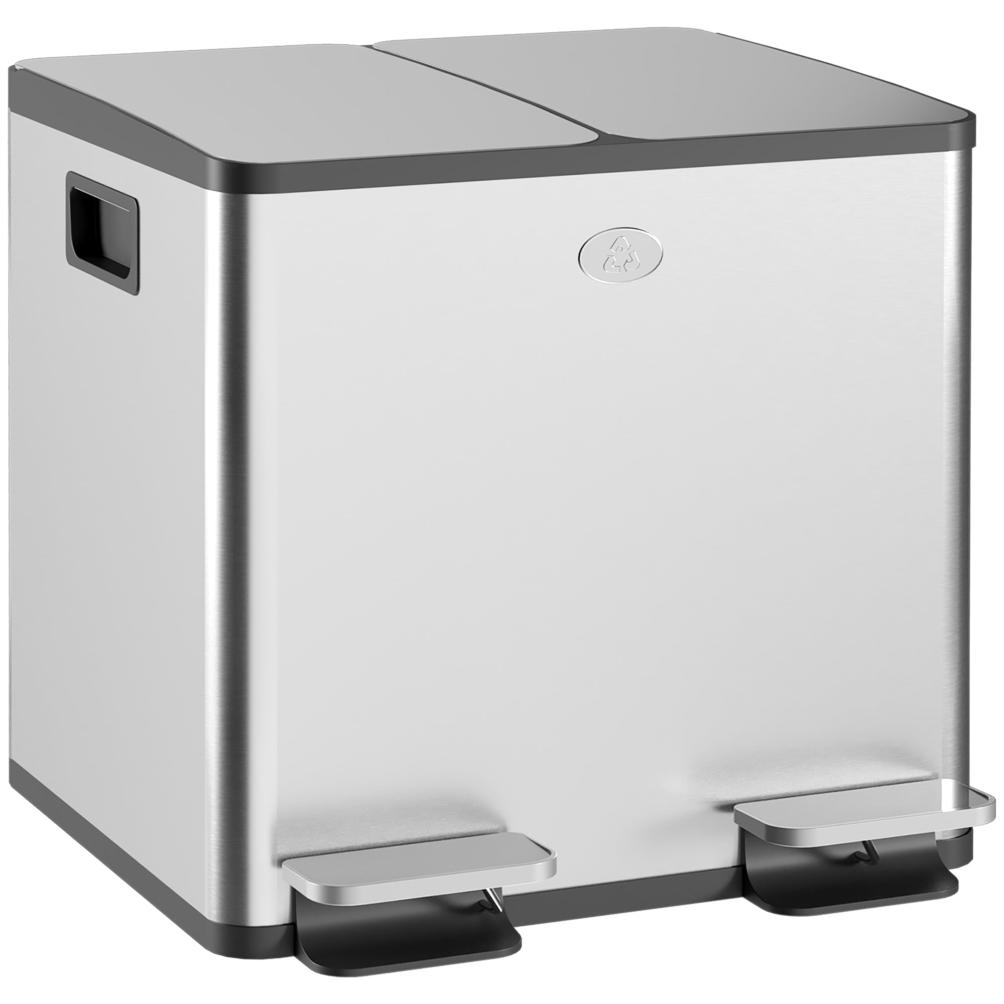 HOMCOM Küchenabfalleimer mit 2 Fächern 2x15L Edelstahl mit Pedal, Soft-Close-Deckel und entnehmbarem Eimer für die Mülltrennung von Lebensmittelresten Silber