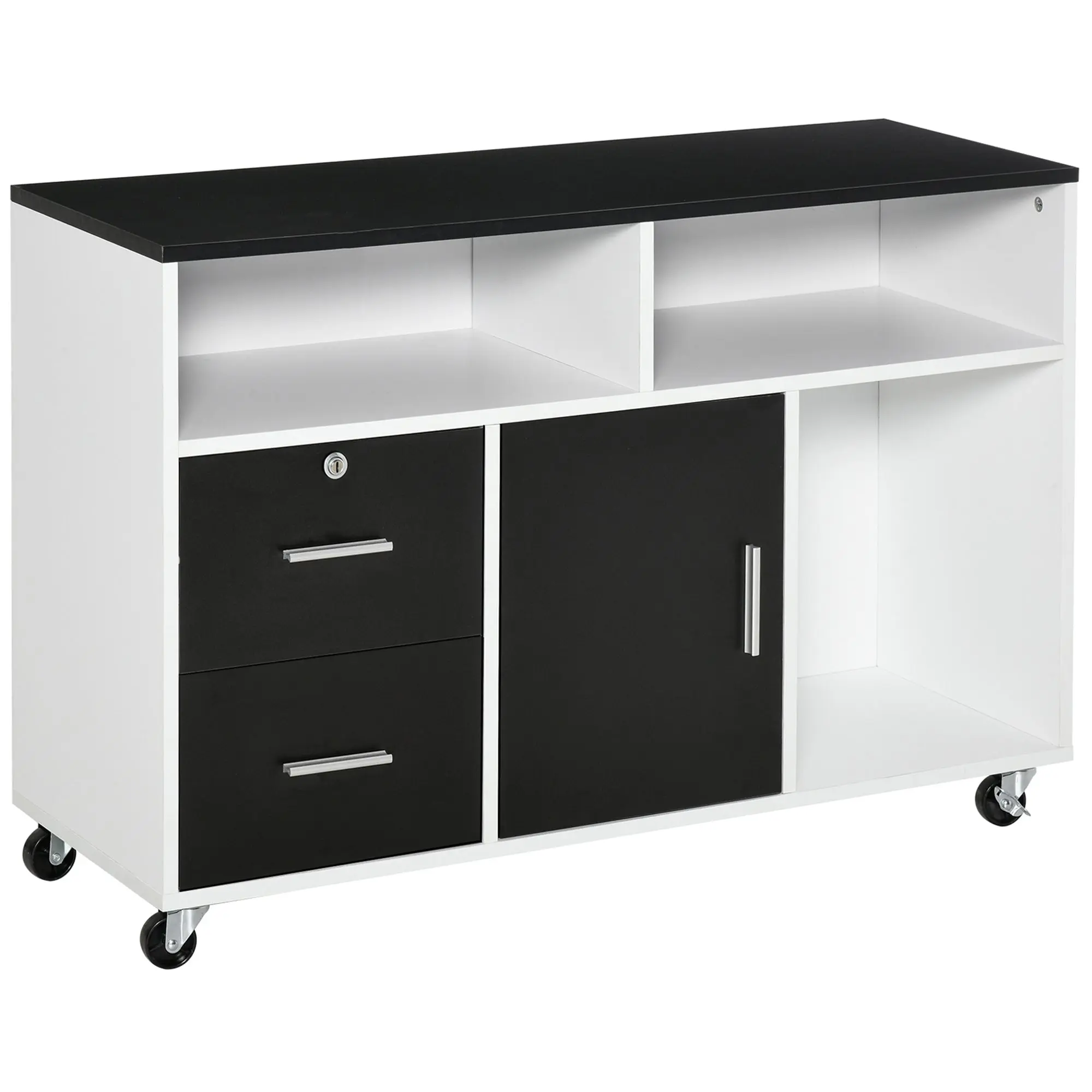 Office Auxiliary Furniture Filing Cabinet with Wheels, Shelves, and Drawers Multi-Purpose Storage Cabinet 100x35x65 cm Black and White