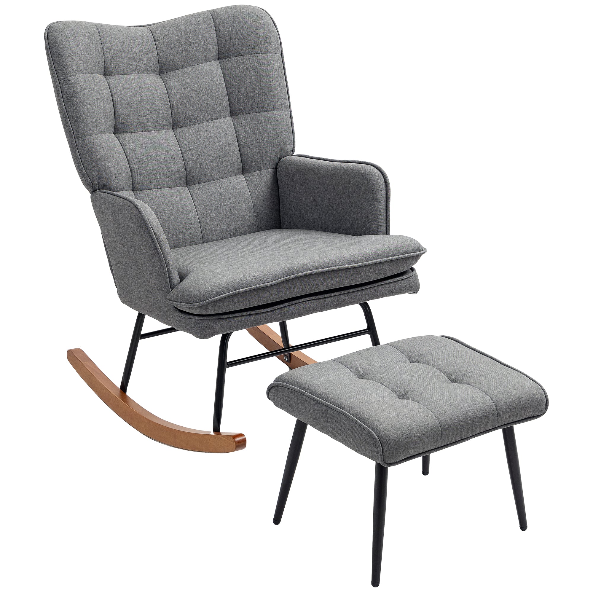 Rocking Armchair with Ottoman, Linen-Look Upholstery, Beech Wood Base, Up to 287 lb Capacity – Dark Gray
