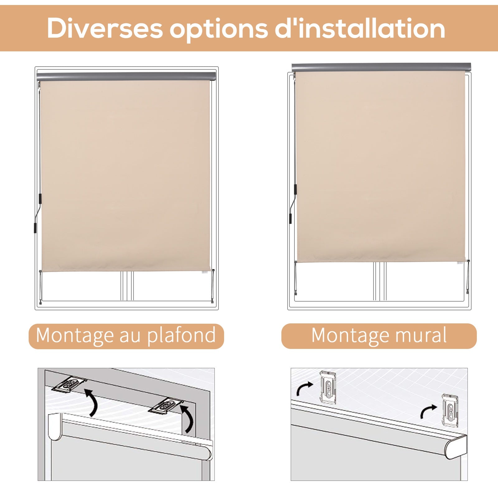 Outdoor Roller Blind 2.5 x 1.6m Retractable Vertical Sun Shade with Crank, Aluminum and Polyester 280g/m? UV50+ Protection, for Balcony, Patio, Terrace, and Garden, Cream