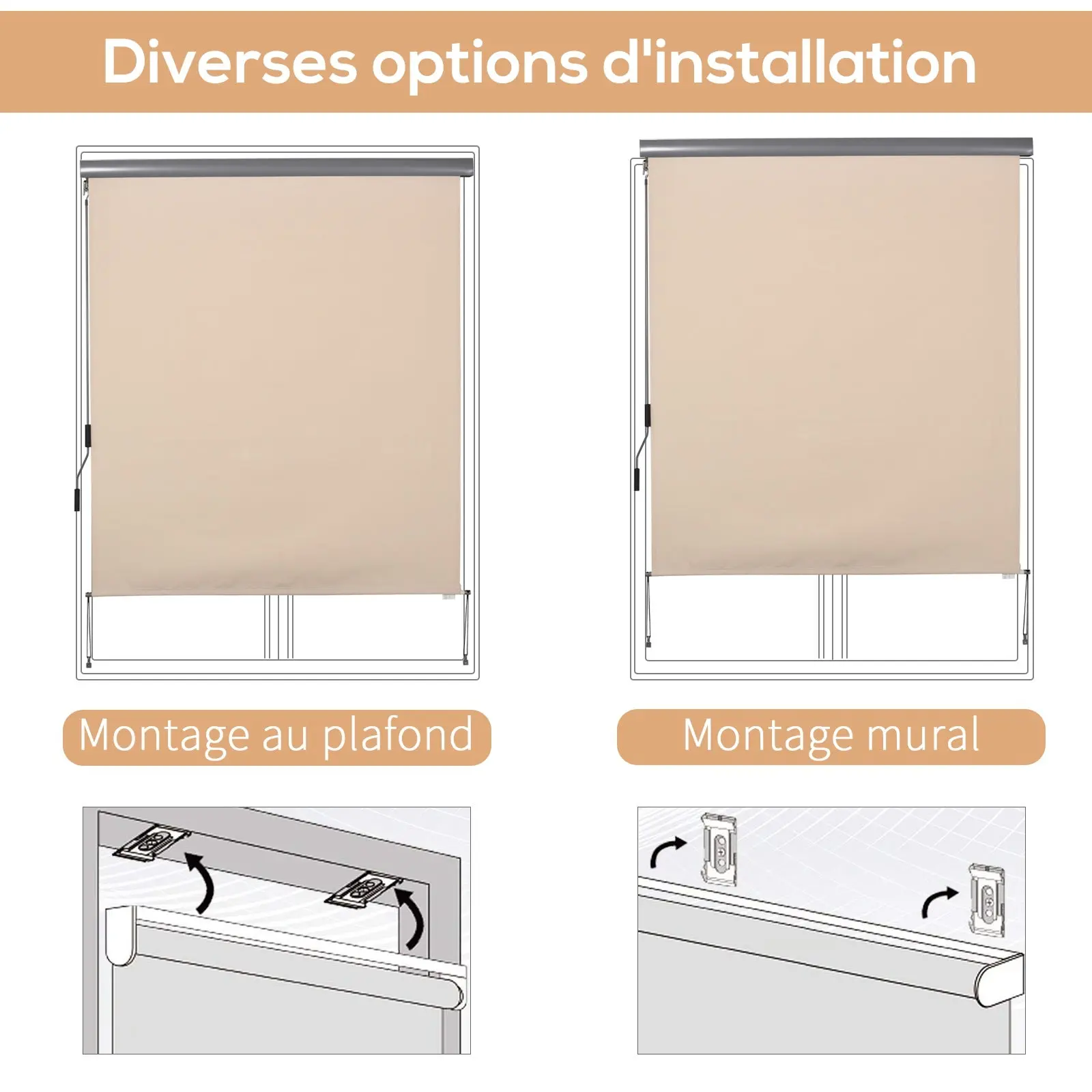 Outdoor Roller Blind 2.5 x 1.6m Retractable Vertical Sun Shade with Crank, Aluminum and Polyester 280g/m? UV50+ Protection, for Balcony, Patio, Terrace, and Garden, Cream