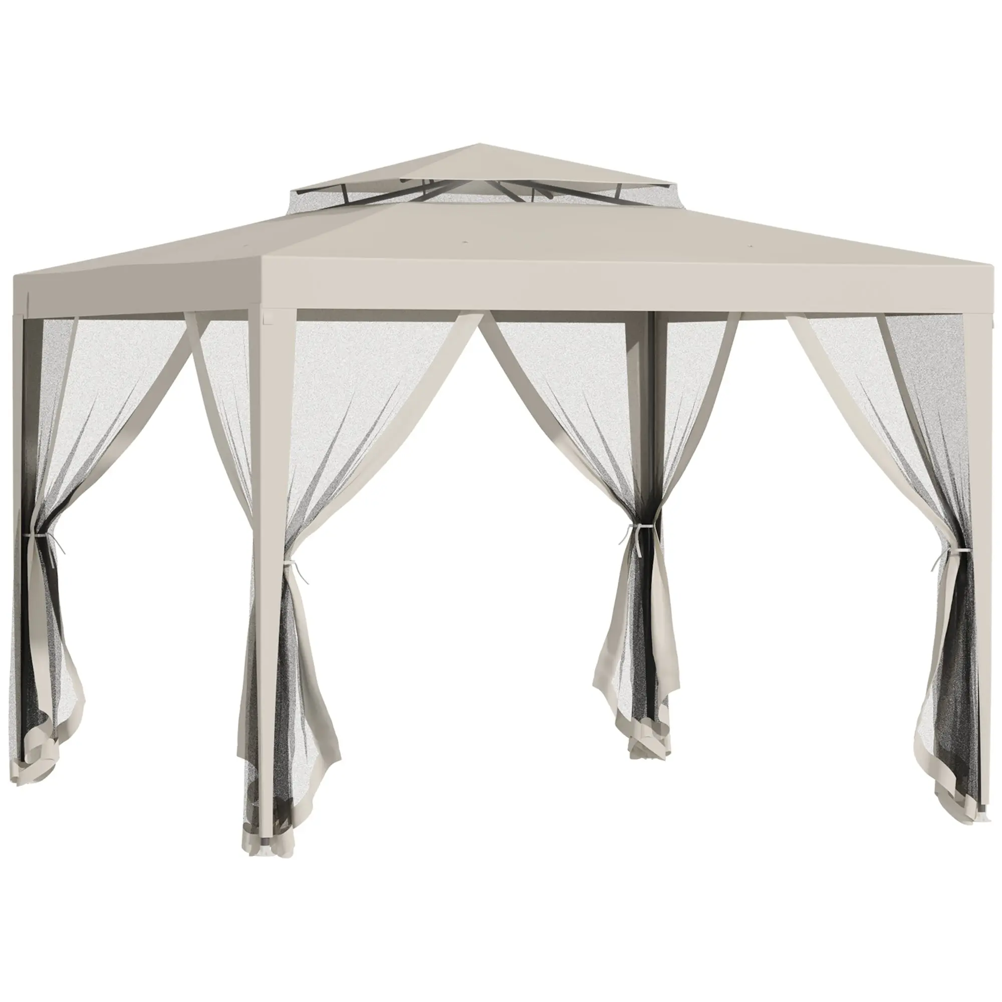 Garden Gazebo Canopy 3L x 3W m with 4 Removable Mosquito Nets - Double Roof - Beige