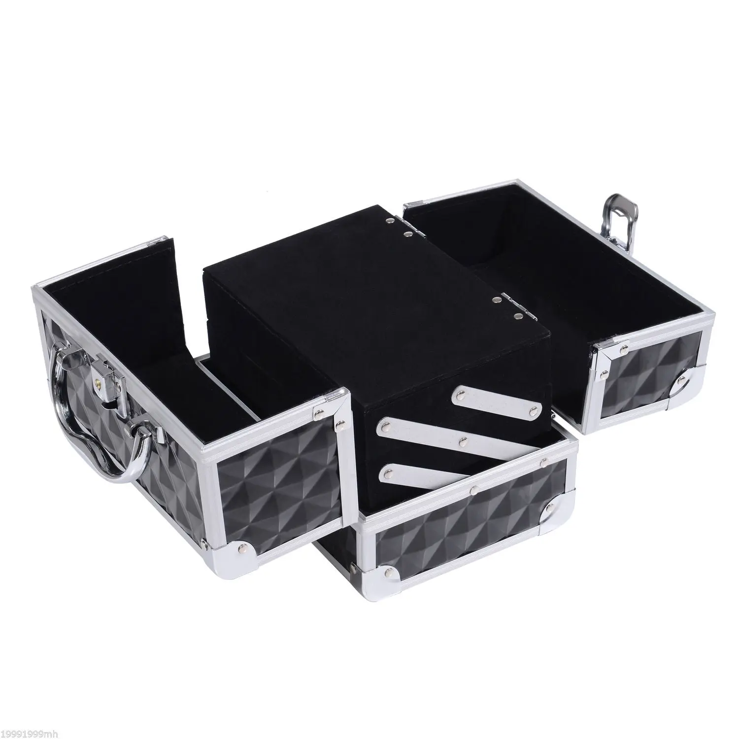 Makeup Case - Beauty Product Storage - 3-Tier Storage with Mirror Locking with 2 Keys Dims. 20L x 15W x 15H cm Black