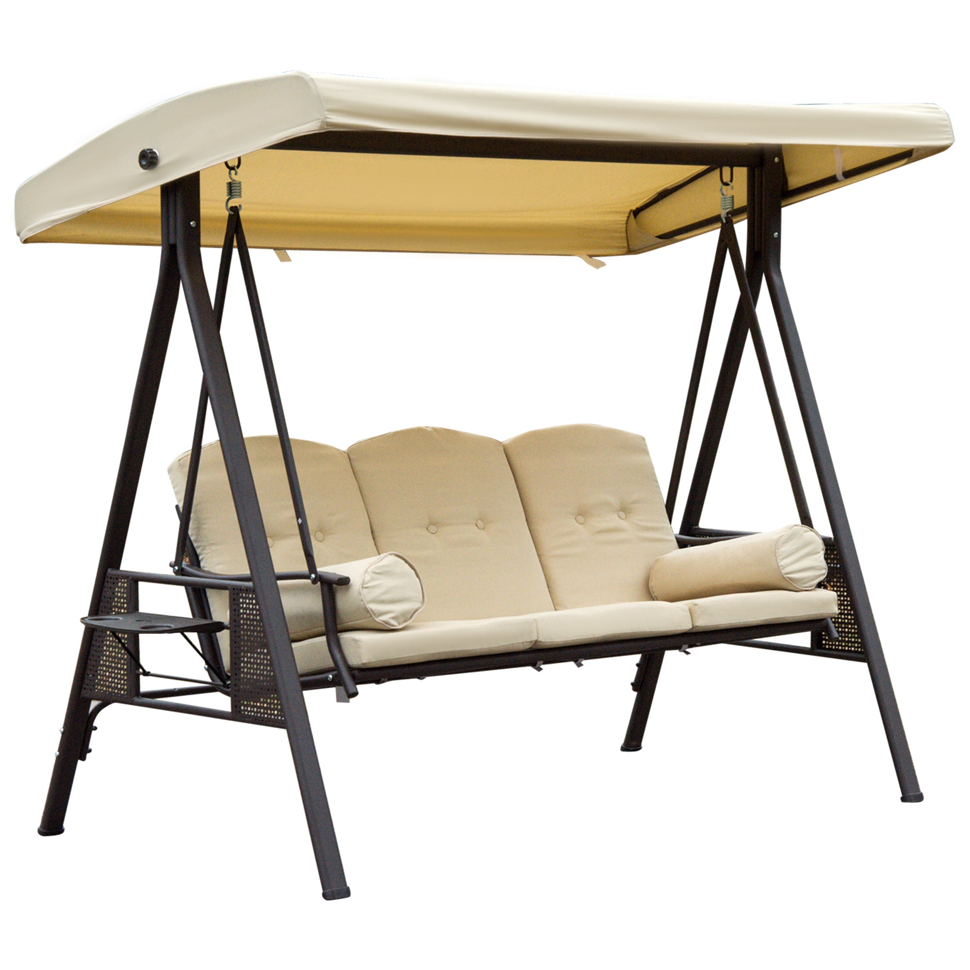 3-Seater Hollywood Swing Garden Swing with Sun Canopy Cushion Metal Polyester Beige+Brown 121 x 208 x 172 cm