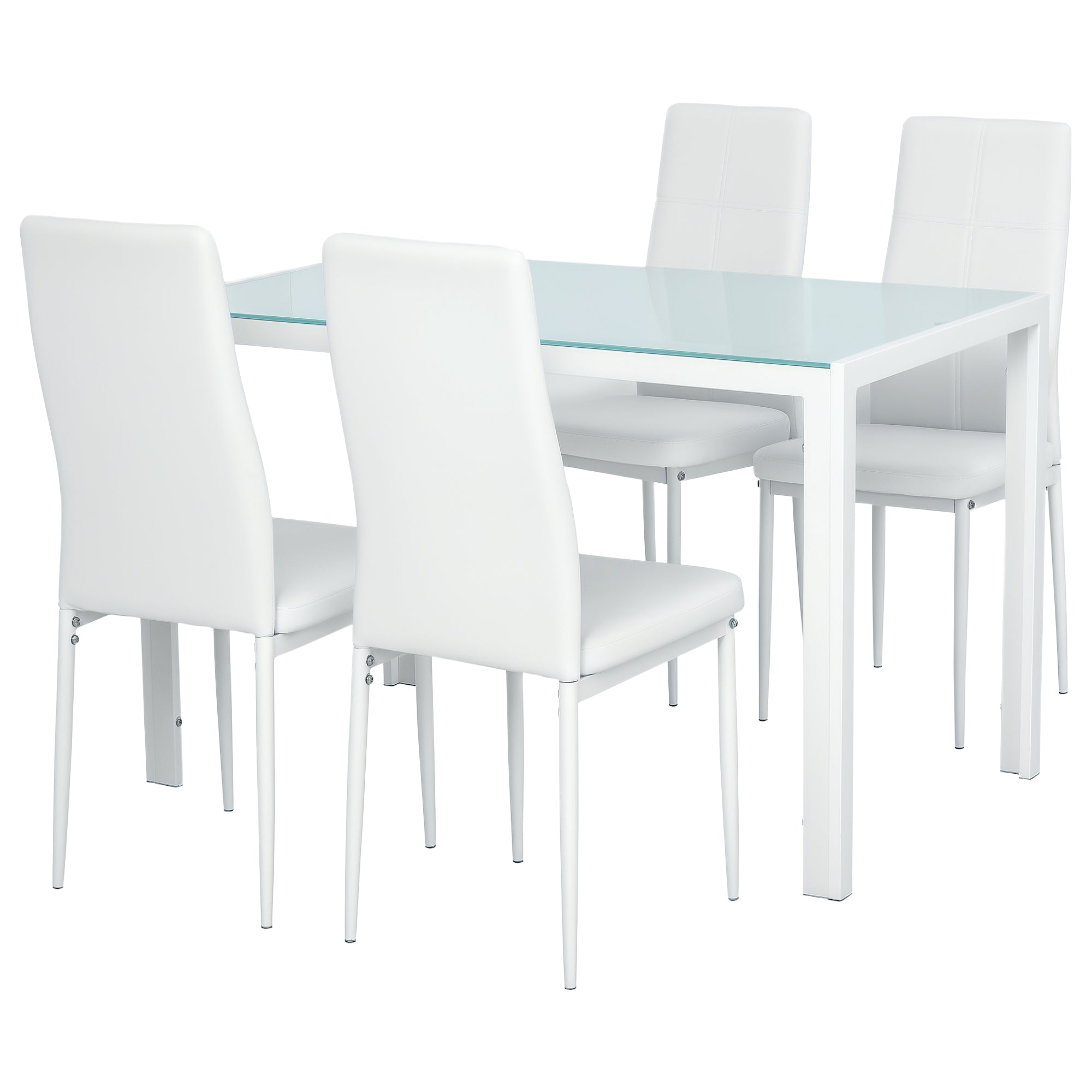 HOMCOM Iessen Set mat 1 Dësch an 4 Stull - 5-teilgäng Kichenmobiliär Set mat rechteckegem temperéiertem Glasdësch an PU-Polsterstull mat wäisse Metallbeen