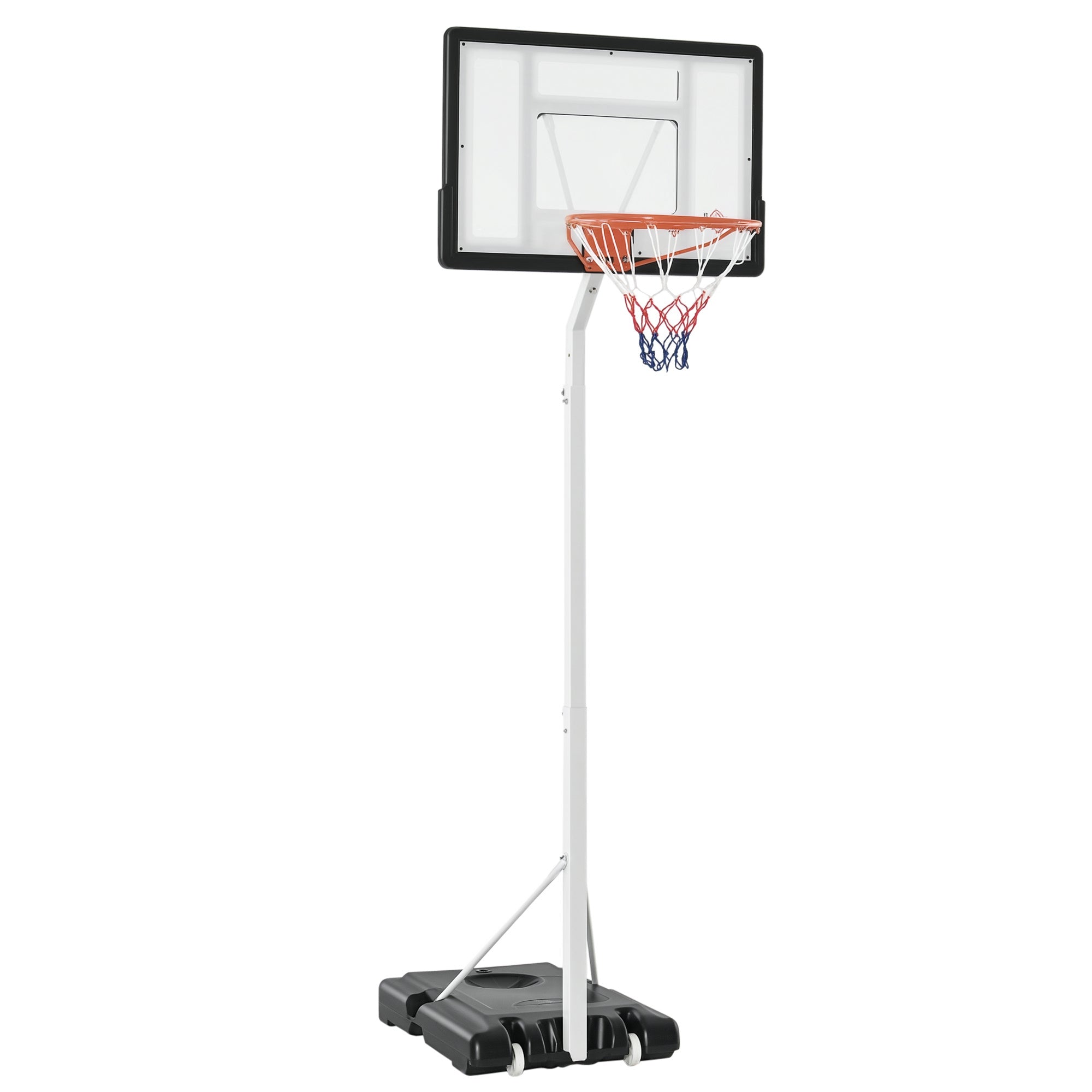 HOMCOM Suaugusiųjų Krepšinio Lankas su Reguliuojamu PVC Lenteliu 90x60x260-310cm ir Integruotais Ratukais Balta