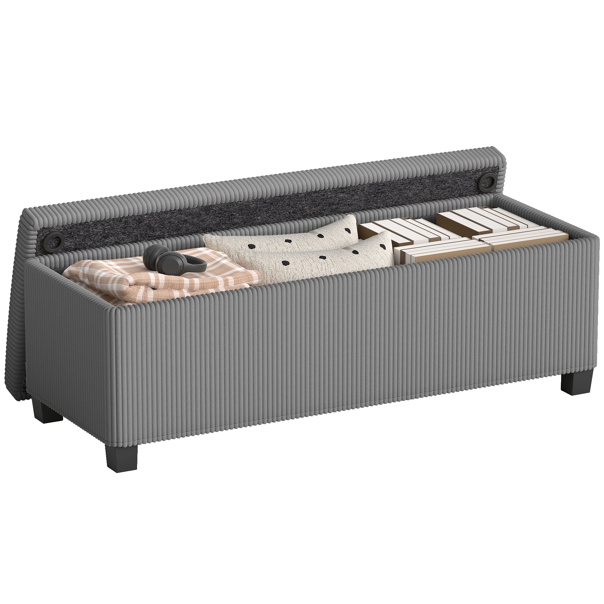HOMCOM 84 L ribfluweel opbergbank met deksel, grijs — 112 x 42 x 40 cm
