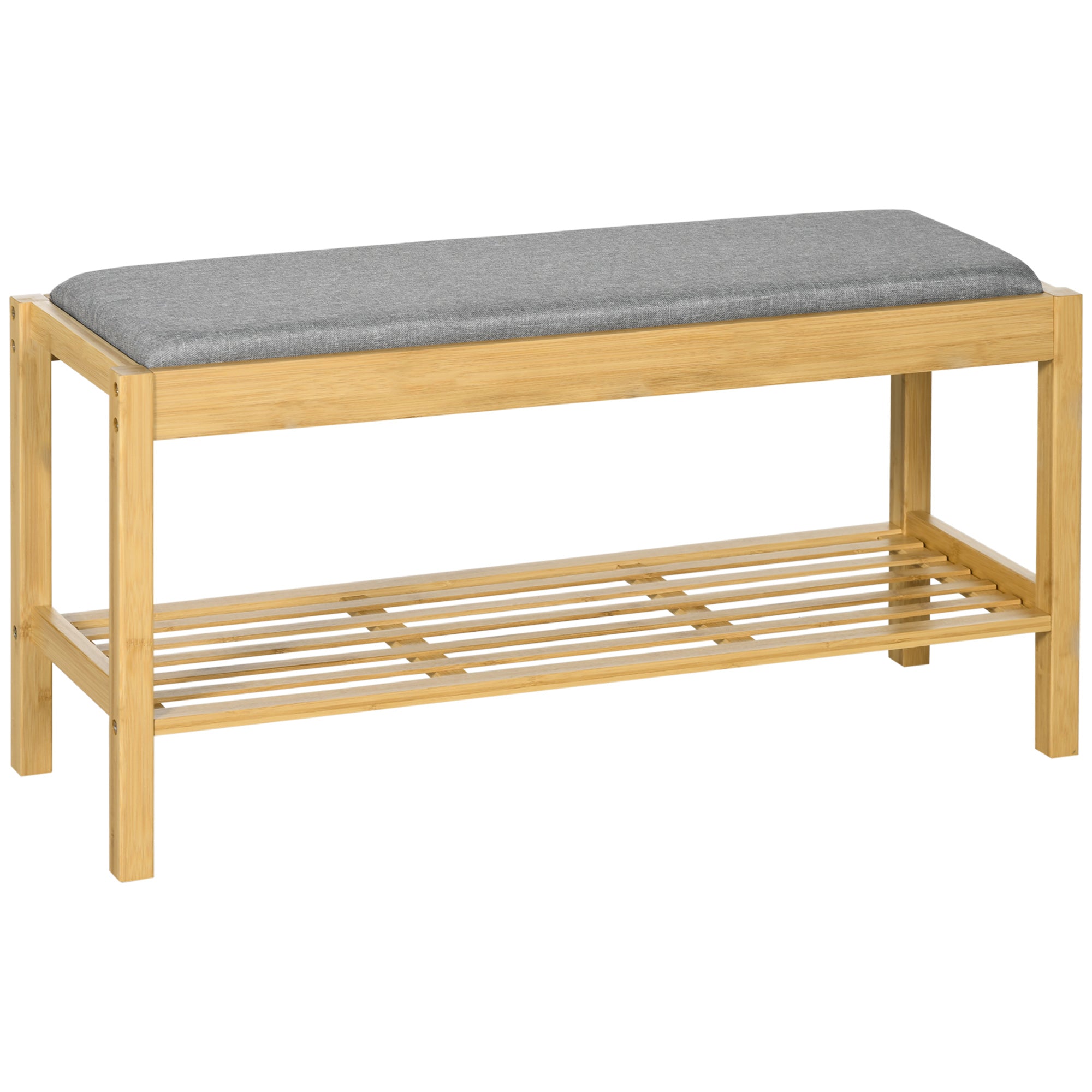 Bamboo Shoe Bench Shoe Rack with Upholstered Seat for 3 Pairs of Shoes with Slatted Shelf for Entryway Hallway 90x30x46 cm Natural