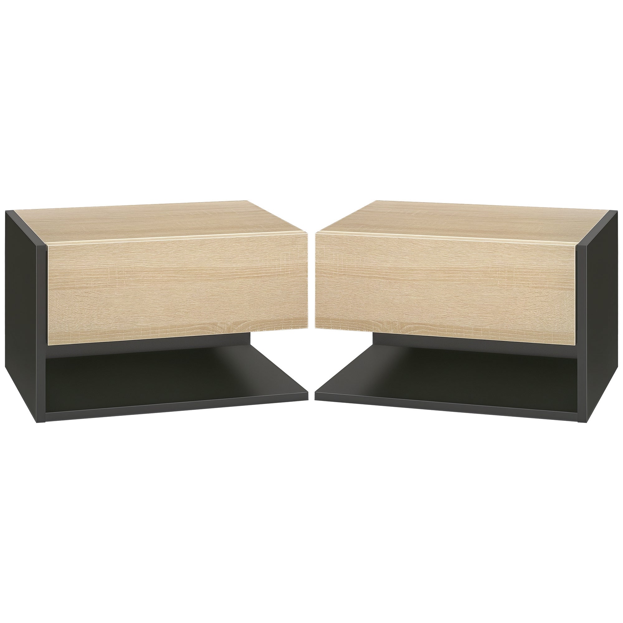 HOMCOM Ensemble de 2 Tables de Nuit Flottantes avec 1 Tiroir et Étagère Ouverte pour Chambre 46x30x30 cm Chêne et Noir