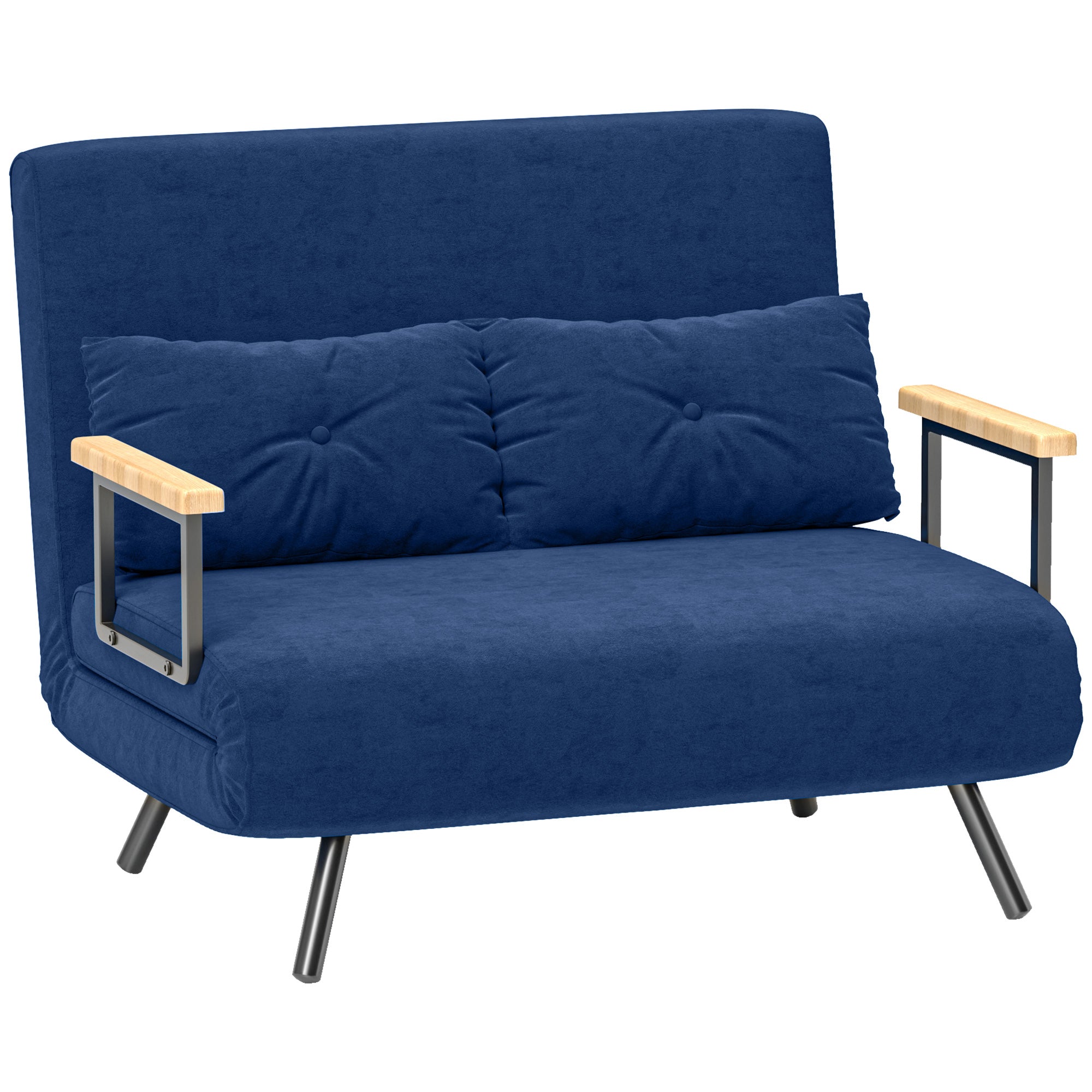 HOMCOM 2-sits Justerbar Ryggstödsoffan, Fällbar Dubbelbäddsoffa med 2 Kuddar för Vardagsrummet, Klädd med Tyg, Stål och Trä, 102x73x81 cm, blå