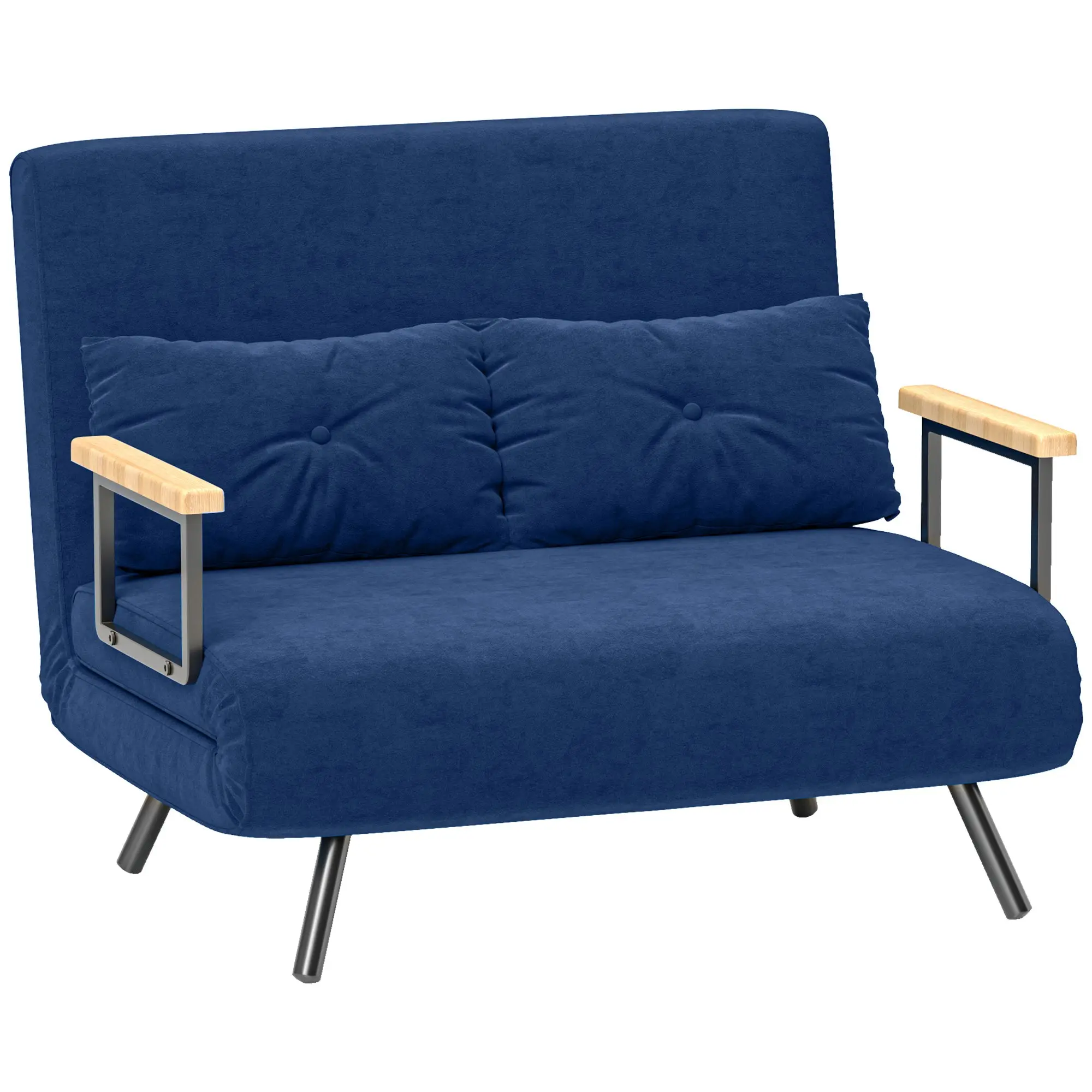 2-Seater Adjustable Backrest Sofa Bed, Fold-Out Double Sofa Bed with 2 Pillows for Living Room, Upholstered Fabric, Steel and Wood, 102x73x81 cm, Blue