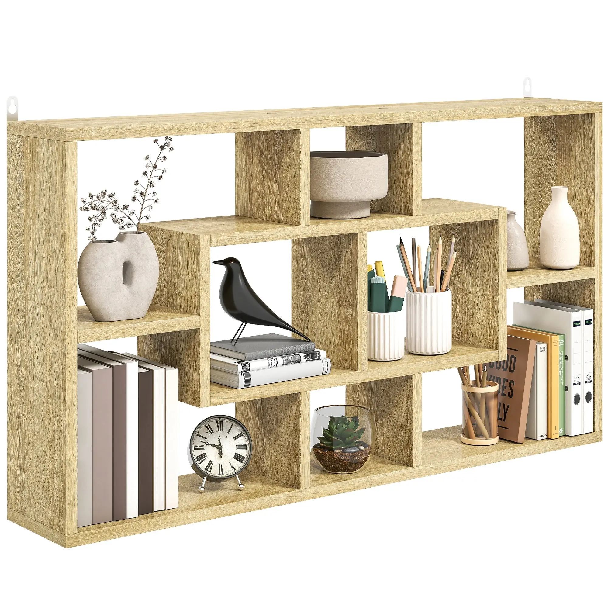 Decorative Wall Shelf, Floating Bookcase with 8 Cubes for Books & CDs, 33.5×5.7×18.7 in, 44 lb Capacity, Office/Study/Living Room, Oak
