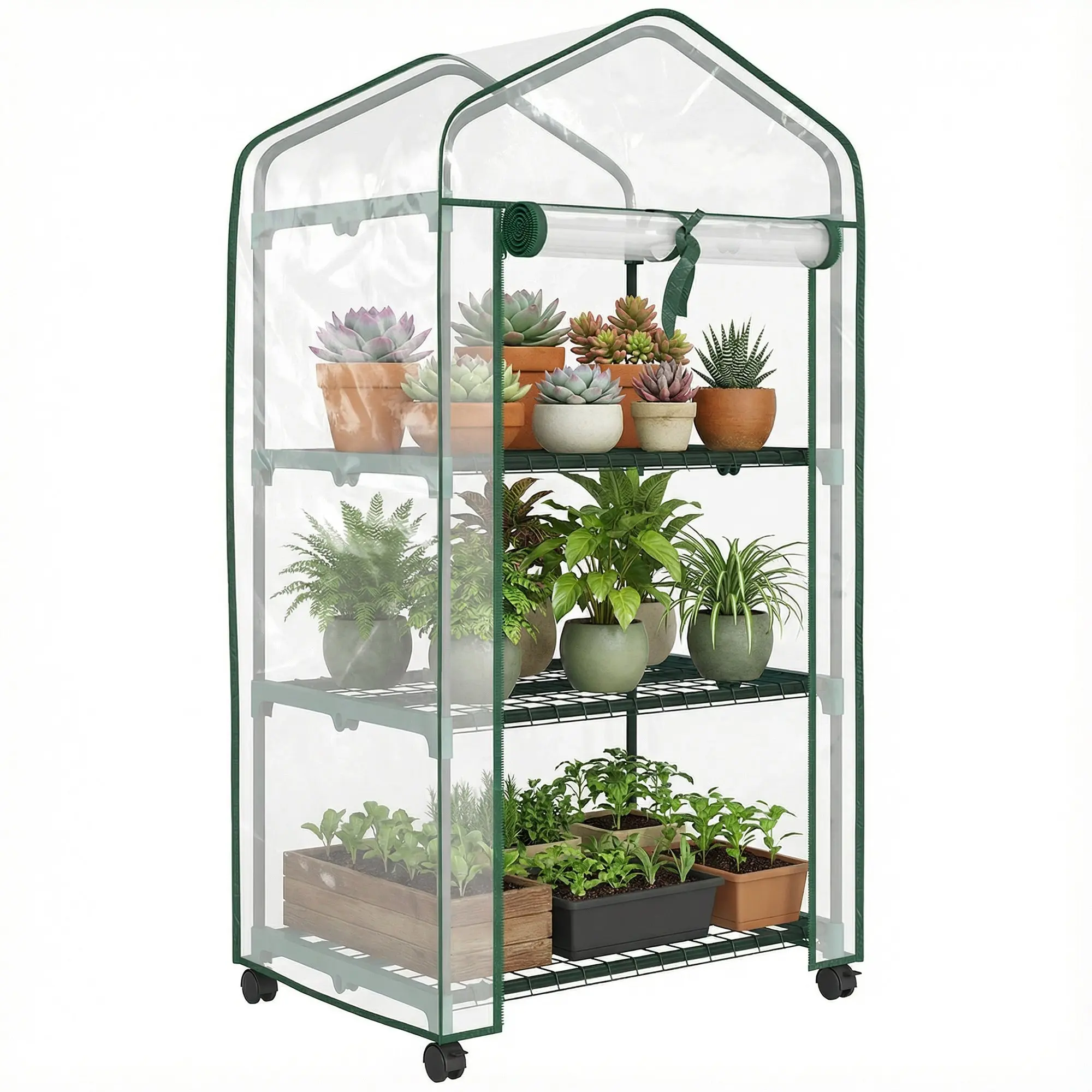 3-Tier PVC Garden Greenhouse with Shelves, Steel Frame & Roll-Up Zipper Door — For Vegetables, Plants & Flowers — 69 x 49 x 130 cm (27.2 x 19.3 x 51.2 in), Clear