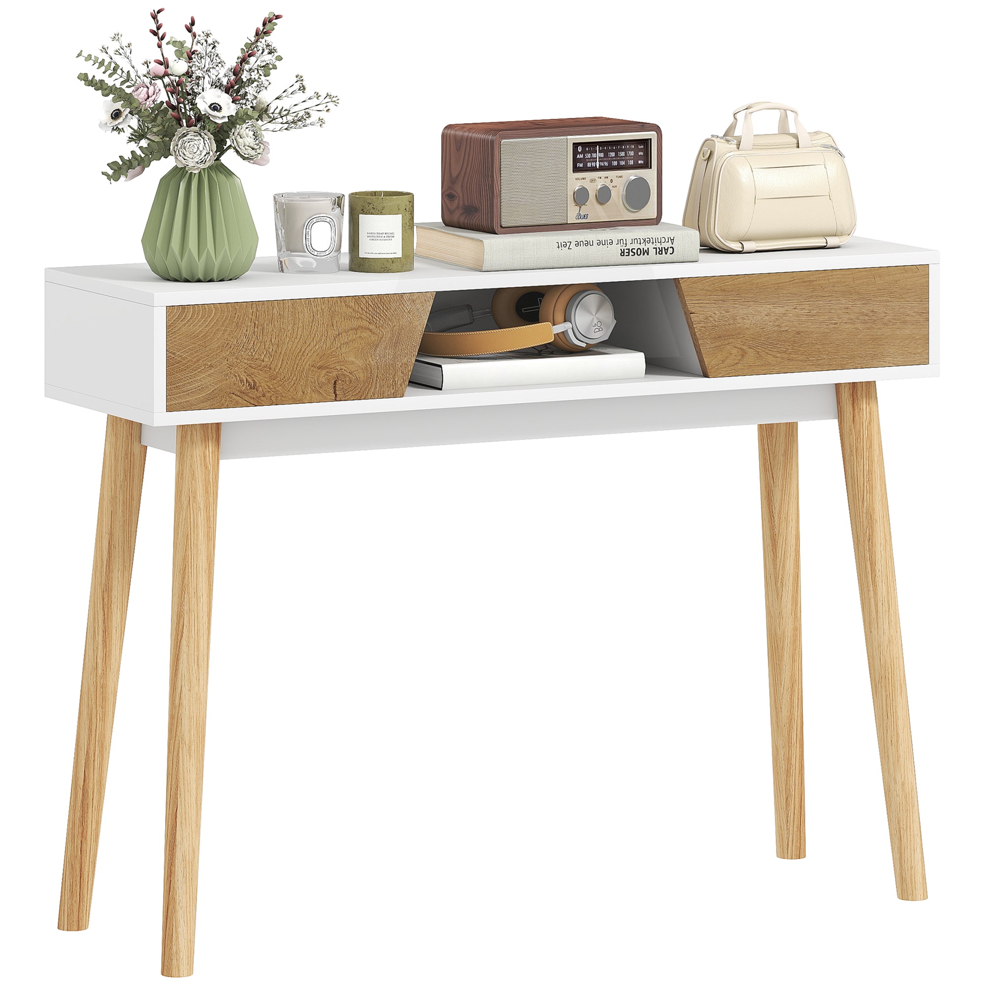 Narrow Console Table Entryway Console Modern Sofa Table with 2 Drawers Open Compartment and Wooden Legs for Hallway Entryway Living Room Bedroom White