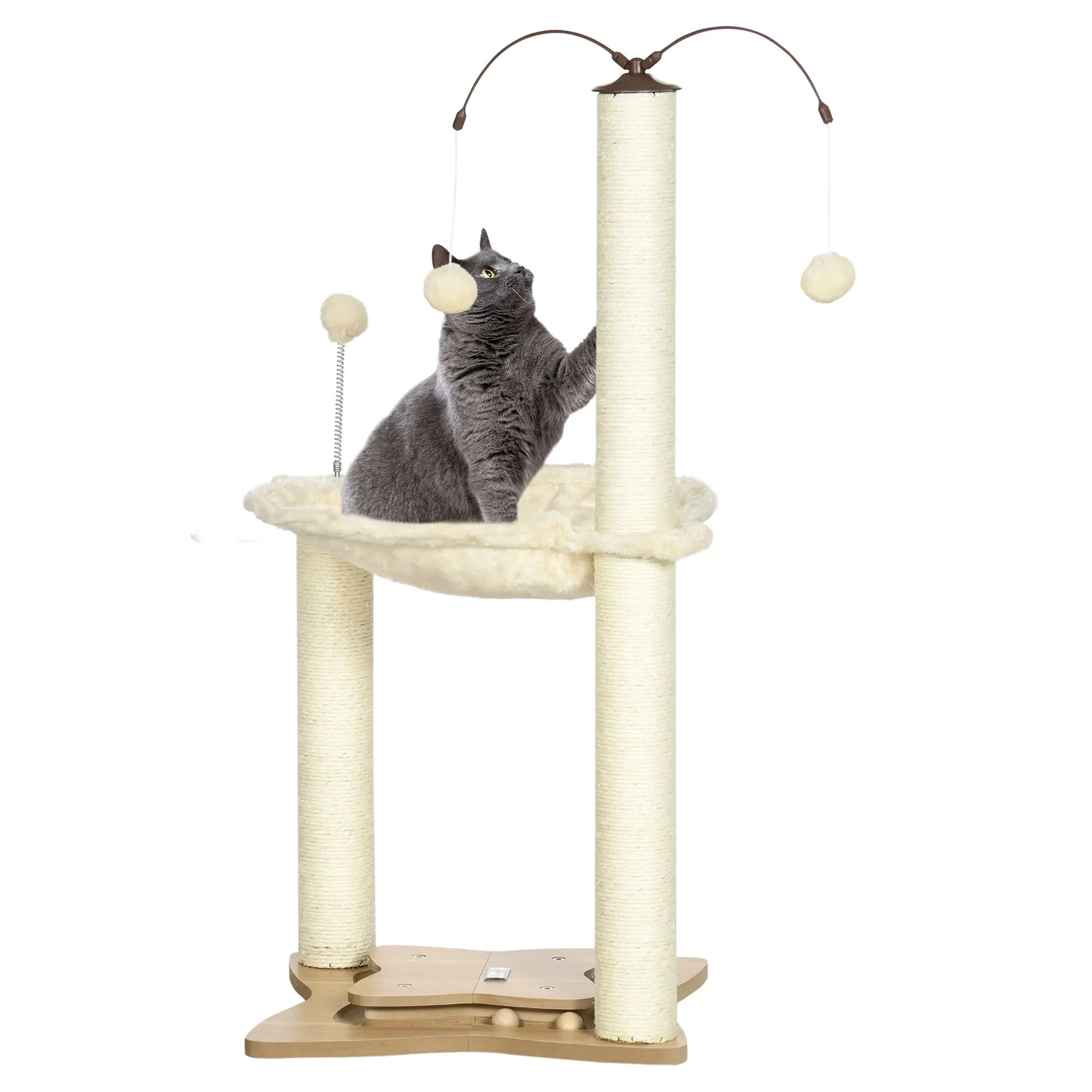 Cat Scratching Tree with Hammock Sisal Posts Height 90 cm Cat Tower with Hanging Rotating Balls Fun Ball and Multiple Games 53.5x53.5x90 cm Beige