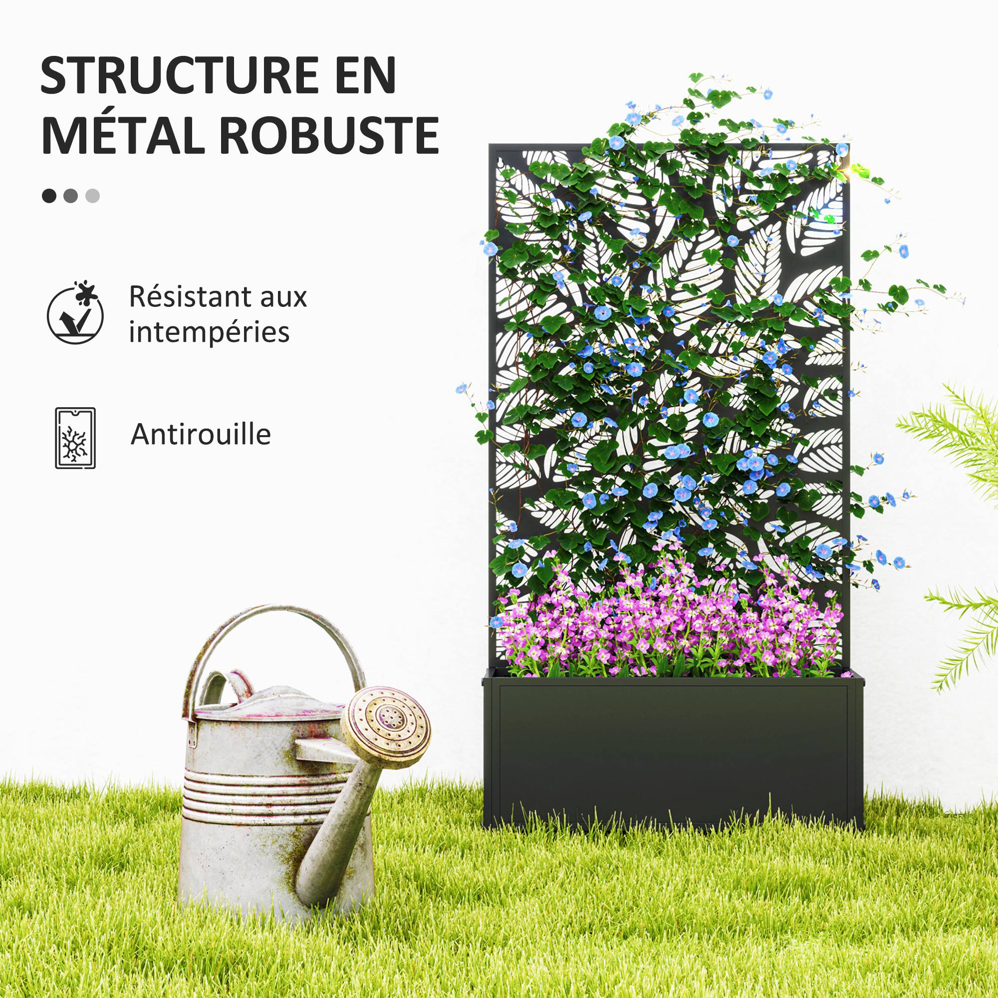 Jardinière with Grid, Privacy Screen Paravent, Outdoor Planter Box Metal on Stand or Wall Mounted, Cutout Leaf Motifs, Rectangular Flower Box Balcony Terrace Patio, 61x23x113 cm, black