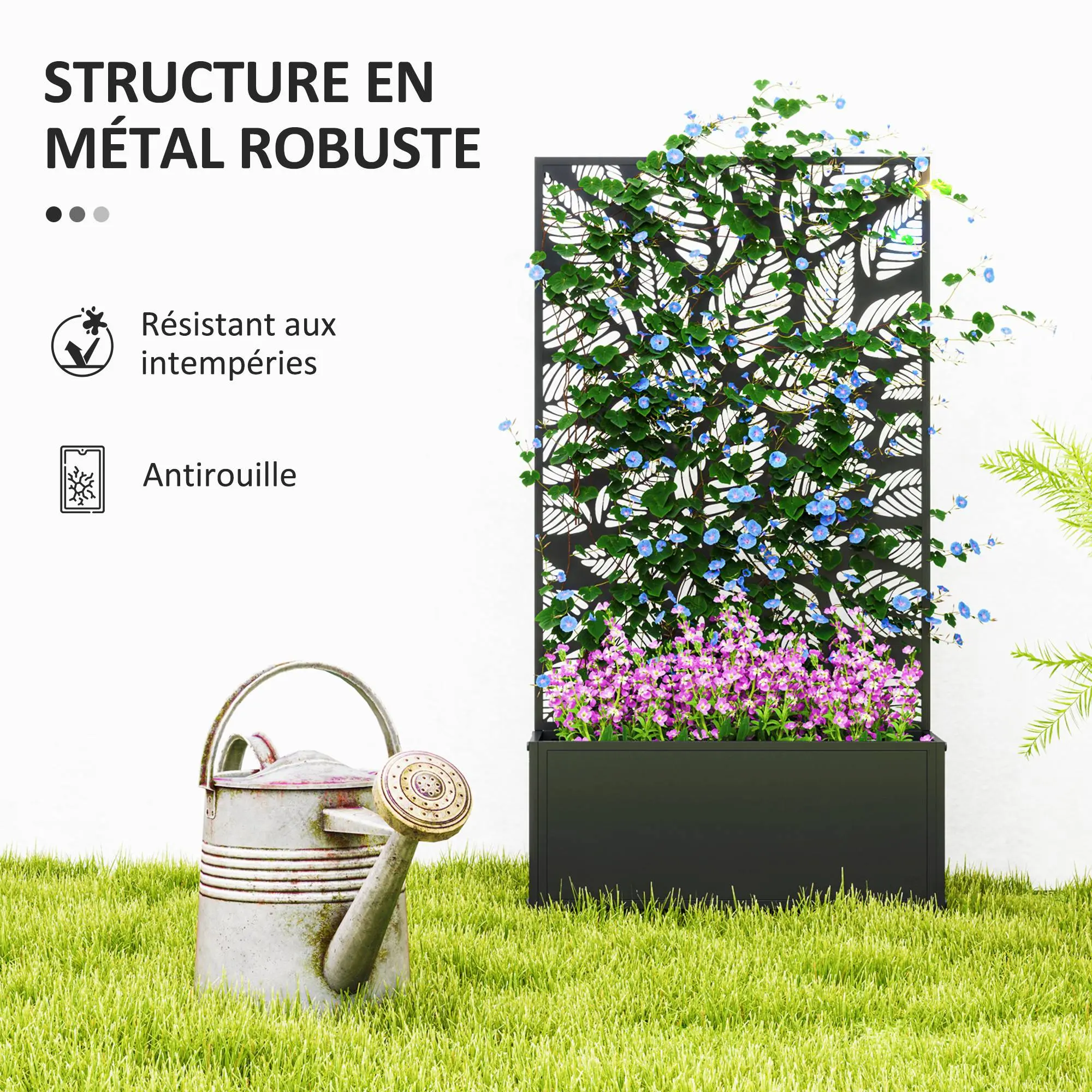 Jardinière with Grid, Privacy Screen Paravent, Outdoor Planter Box Metal on Stand or Wall Mounted, Cutout Leaf Motifs, Rectangular Flower Box Balcony Terrace Patio, 61x23x113 cm, black
