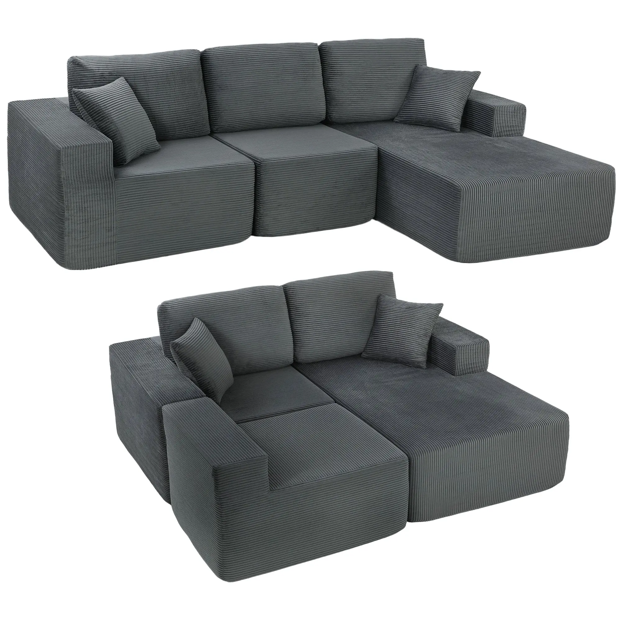 Corner Sofa with Sleeper Function, L-Shaped 267 cm Deep-Seat 3-Seater 2-in-1 Sectional with Cushions, Corduroy-Look, Dark Gray