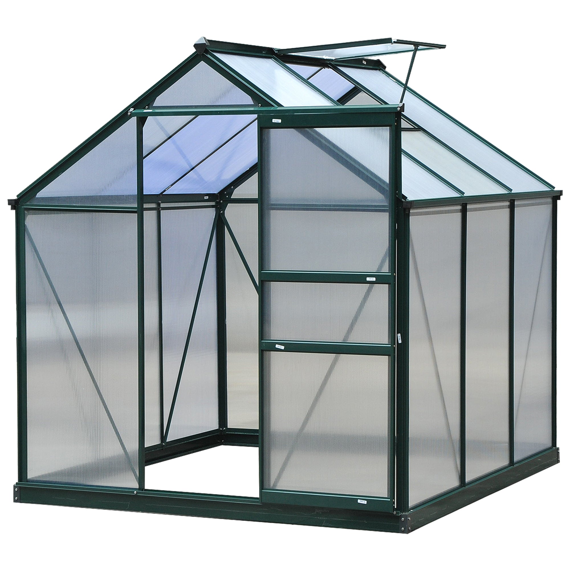 Polycarbonate Garden Greenhouse 3.65m? Aluminum Garden Greenhouse 190 x 192 x 201cm UV-Resistant, with Reinforced Foundation, Gutters, Skylight, and Sliding Door, Dark Green