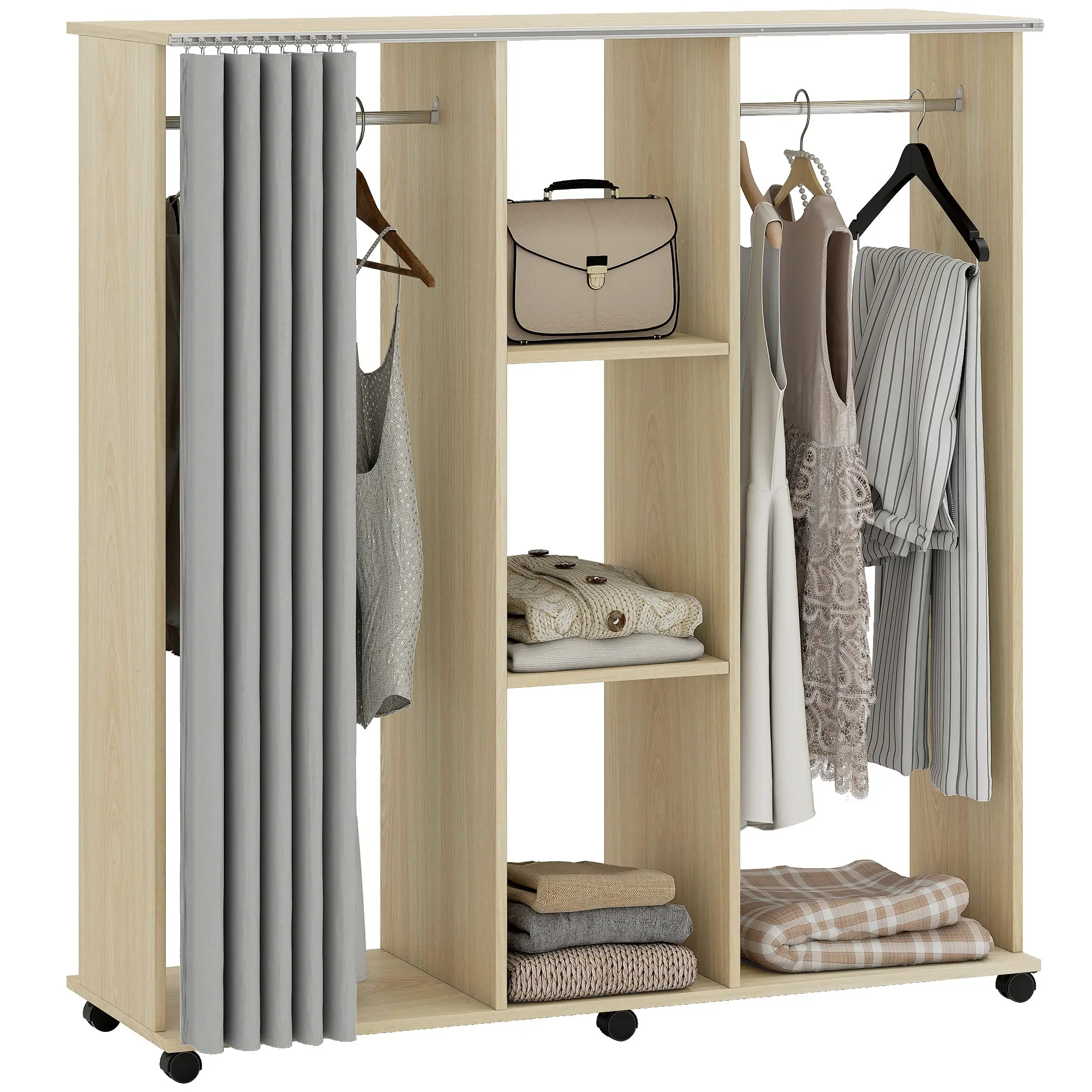 Mobile Double-Rod Wardrobe with Curtain and 6 Casters, Natural Wood — 120 x 40 x 128 cm
