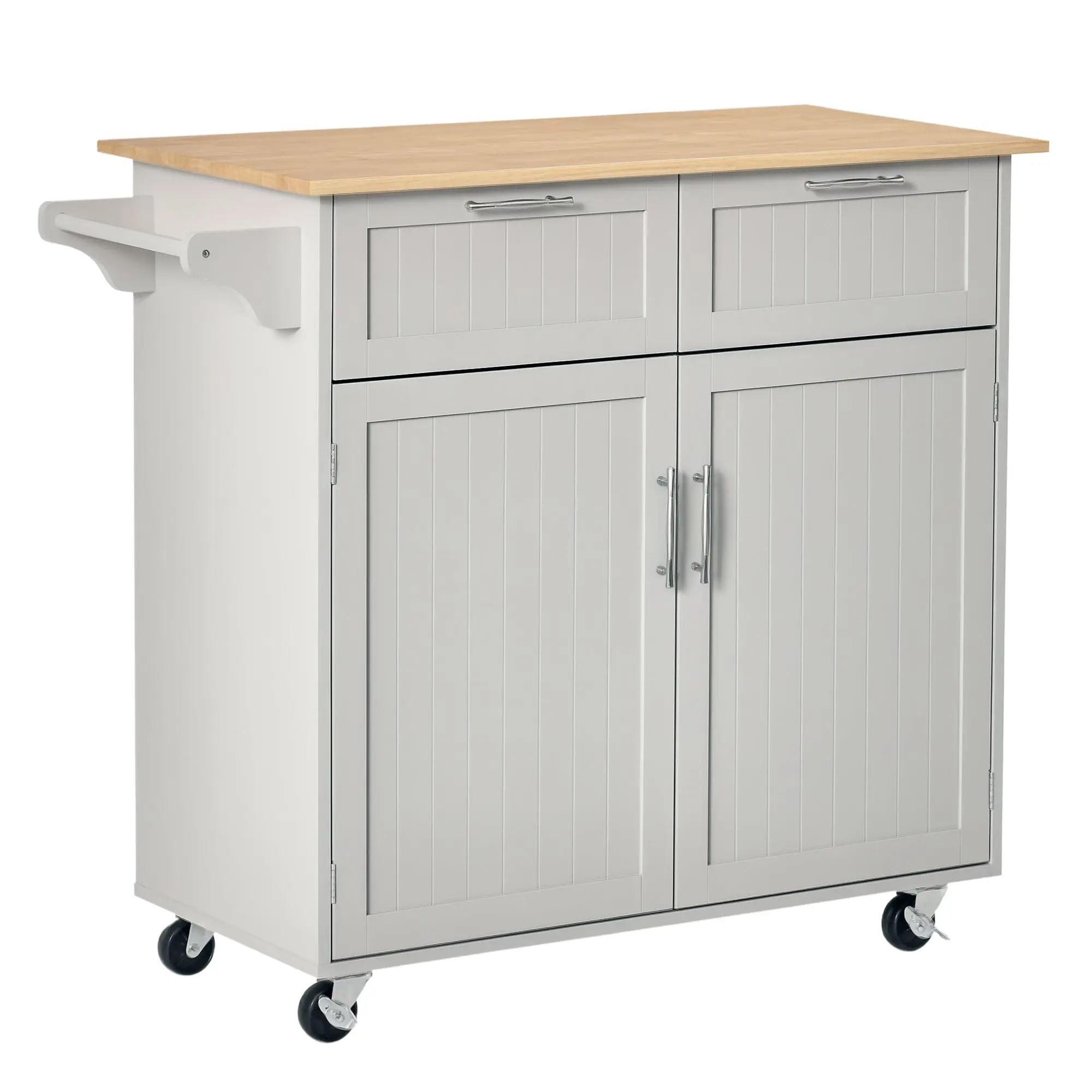 Kitchen Island with Rubber Wood Worktop, Kitchen Trolley with Wheels, 2 Drawers, Cabinet, Adjustable Shelves, and Towel Holder, in MDF, 104x46x91cm, Gray