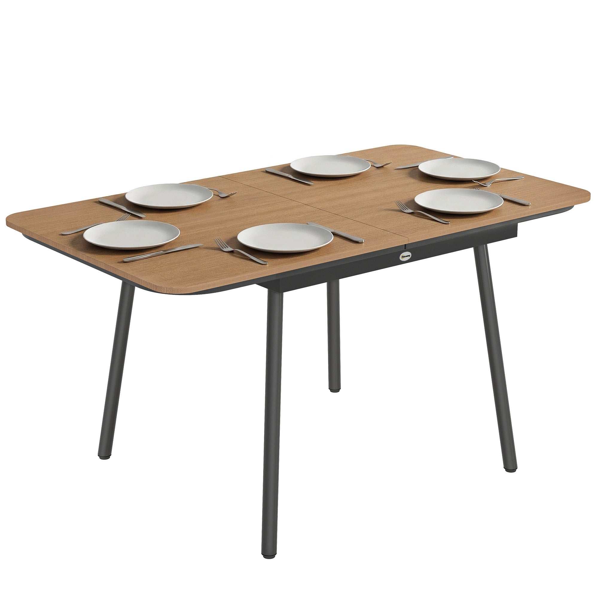 Outsunny udendørs spisebord 140 x 80 cm til 6 personer – vejrbestandigt WPC med trælook, rustbestandig metalramme, justerbare fødder, rektangulært terrasse-/altanbord (Teak)