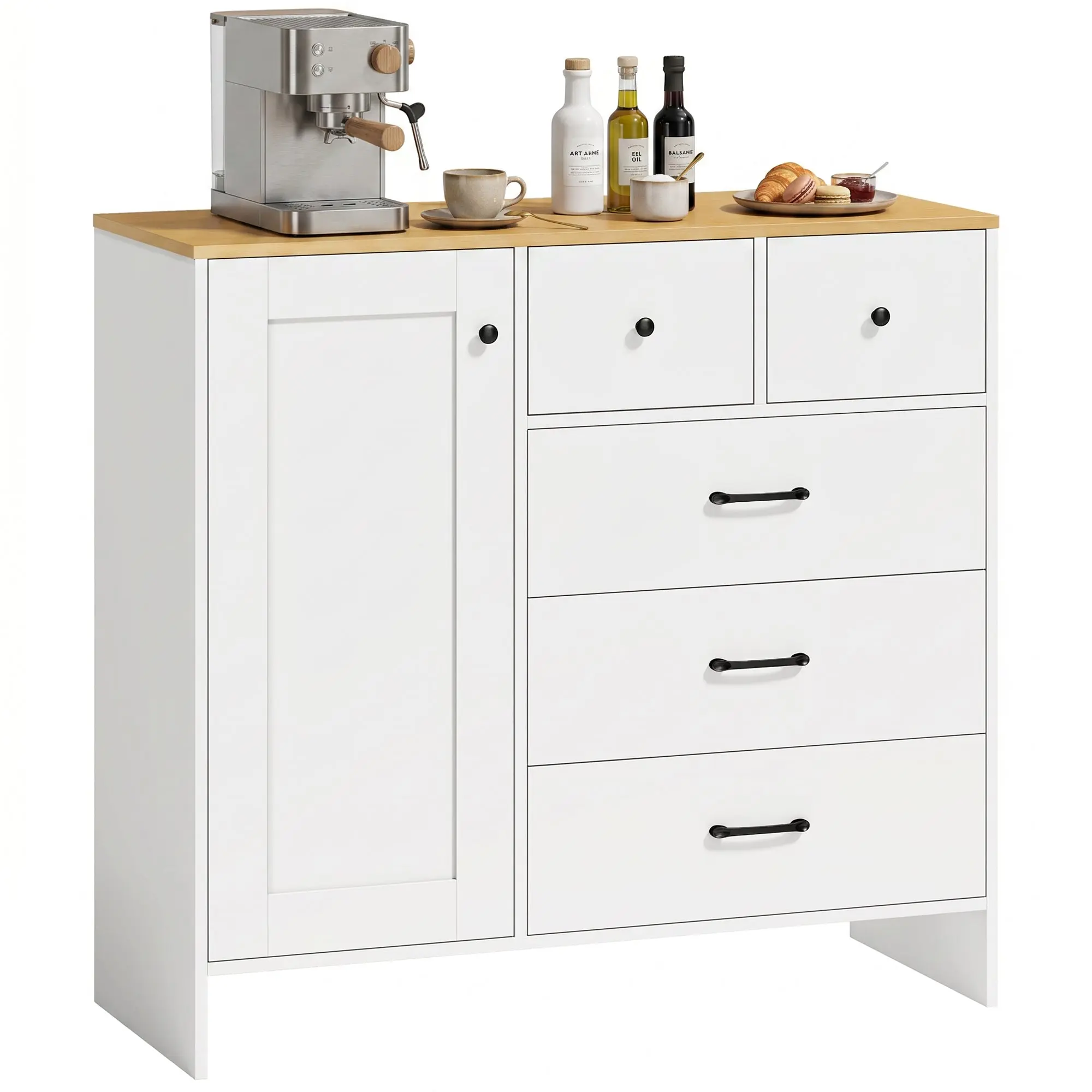 Kitchen Sideboard, Storage Cabinet with 5 Drawers and Door, Rustic Two-Tone, TV Stand or Dining Buffet for Living Room & Bedroom, 39.4 x 15.7 x 37.0 in (100 x 40 x 94 cm), White