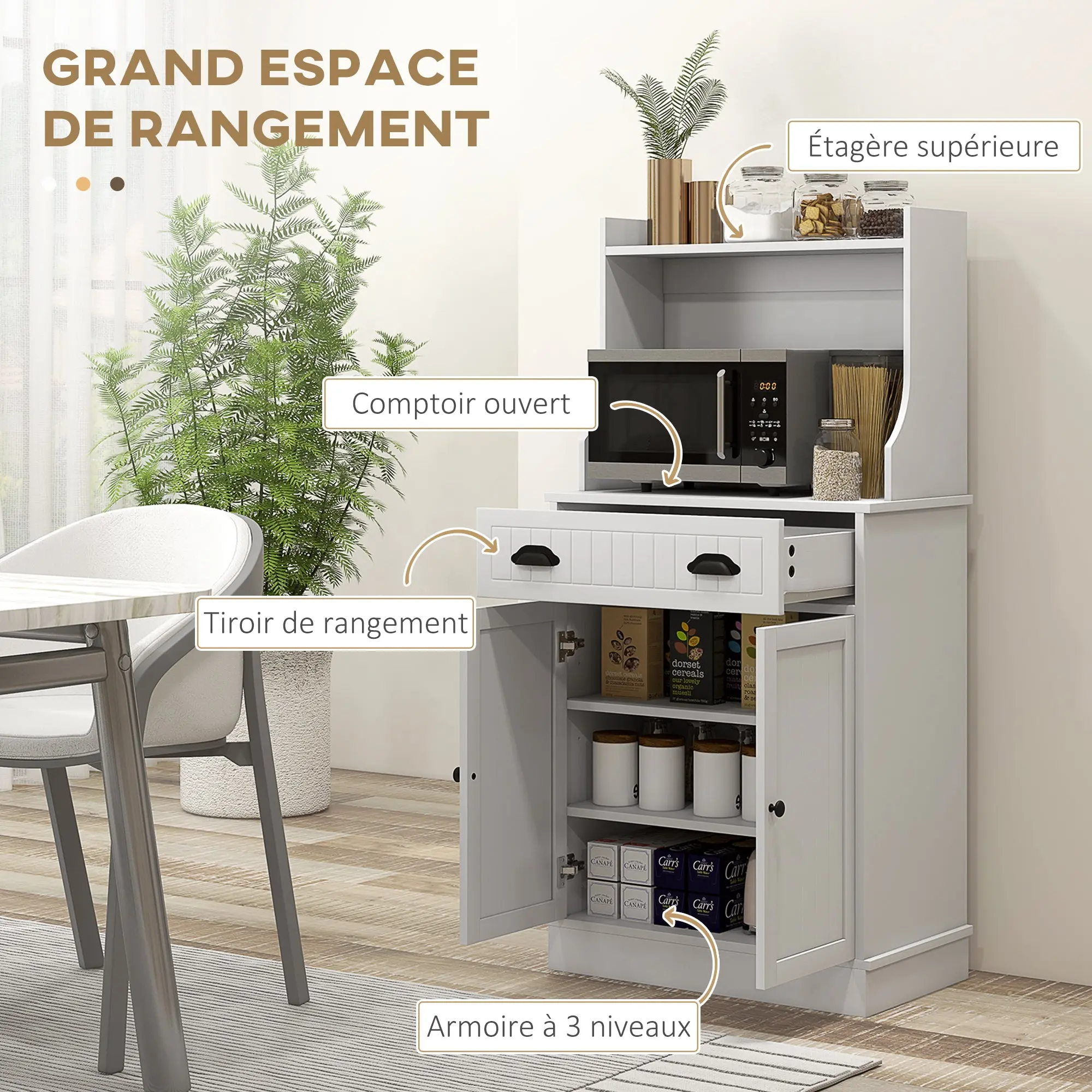 Microwave Cabinet, Kitchen Cabinet, 3 Adjustable Shelving Units, with Open Space, 1 Drawer and 2-Door Cupboard, Kitchen Furniture, Modern Design, 61 x 35 x 125.4 cm, White