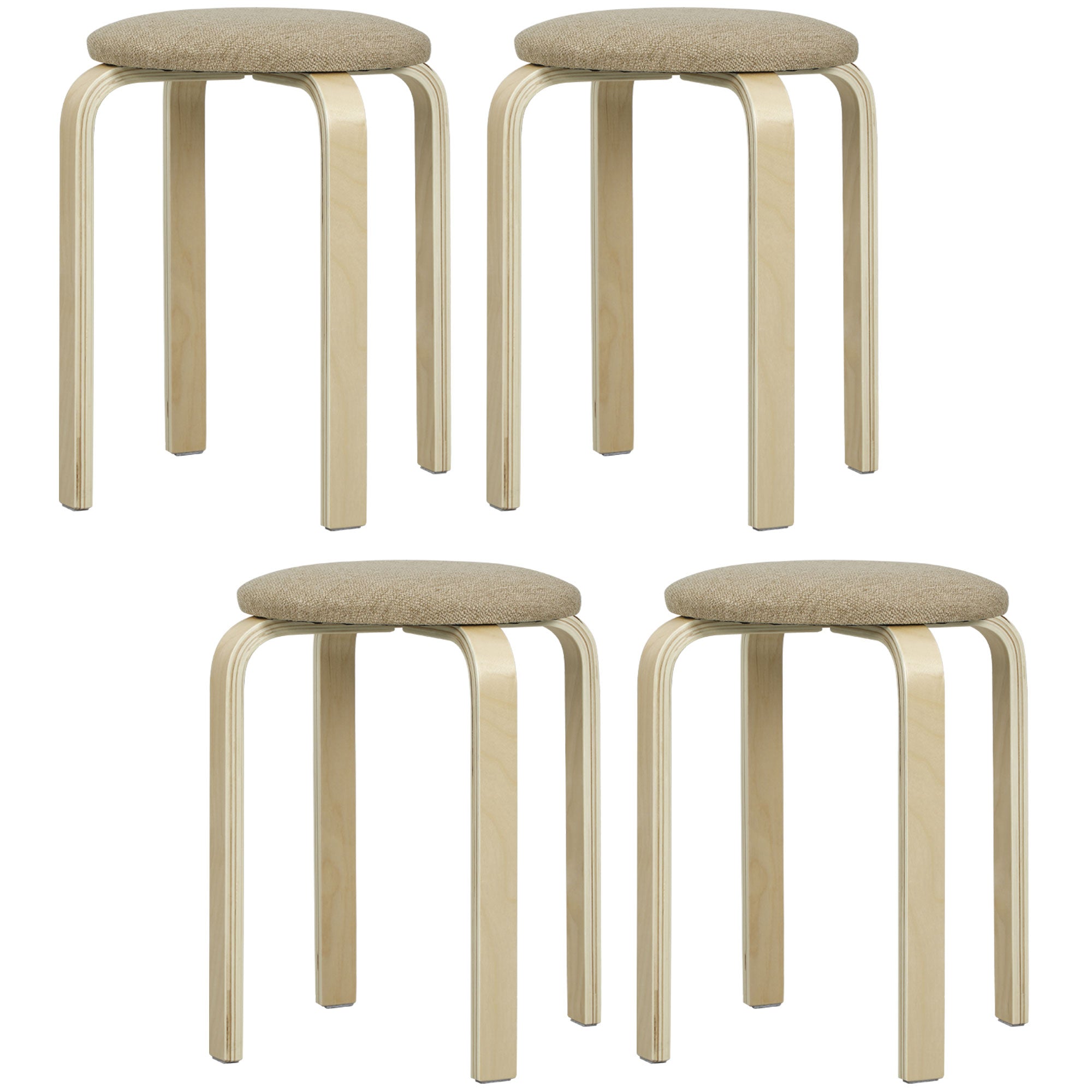 HOMCOM Set om 4 Stapelbara Runda Trä Stoolar - Låga Kökstolar med Vadderad Sits för Matrum, Sovrum, Kontor och Vardagsrum i Khaki och Natur