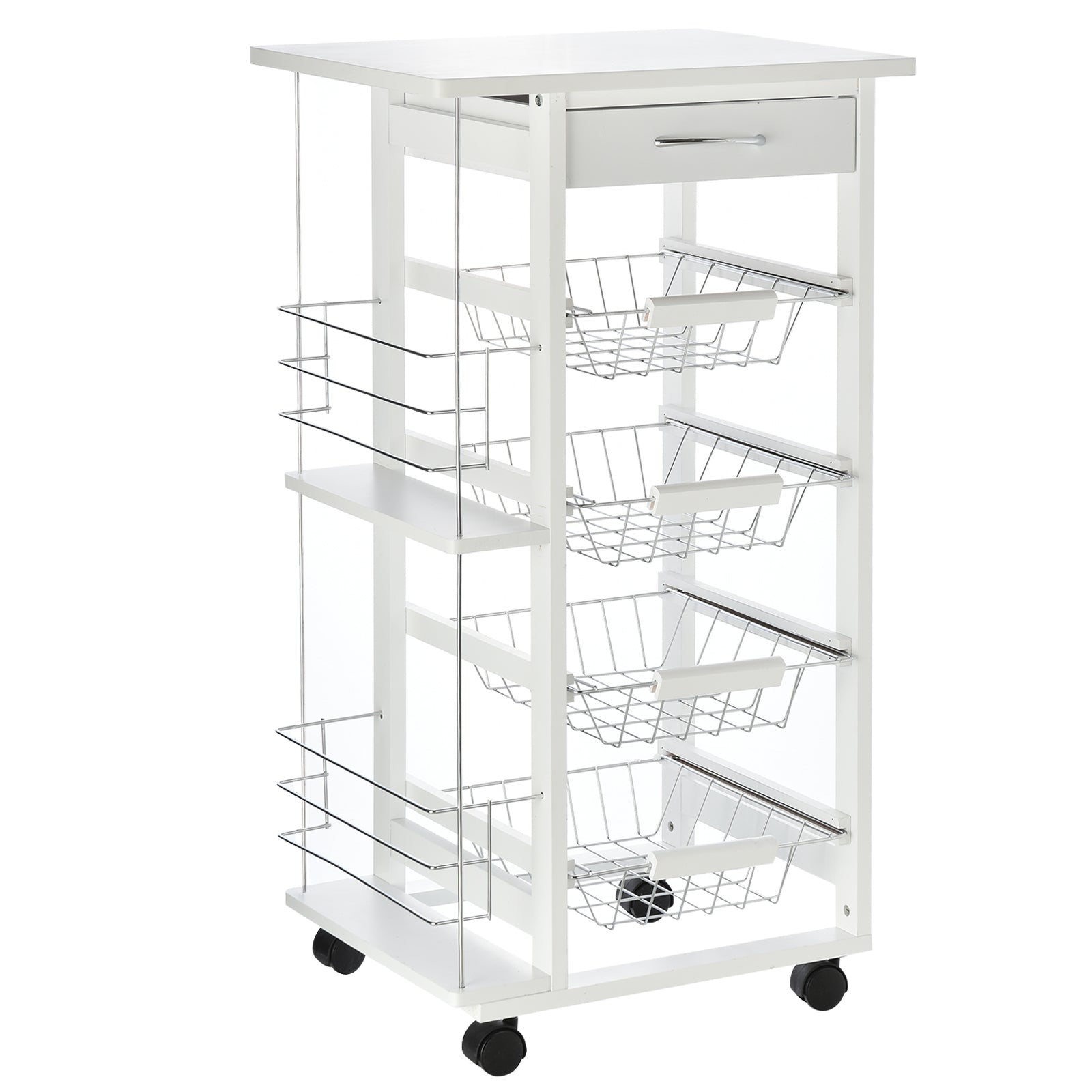 HOMCOM Køkkenvogn med Hjul - Multifunktionel Trolley med Skuffe, 4 Aftagelige Metal Kurve og Sidehylder - 47x37x83 cm Hvid