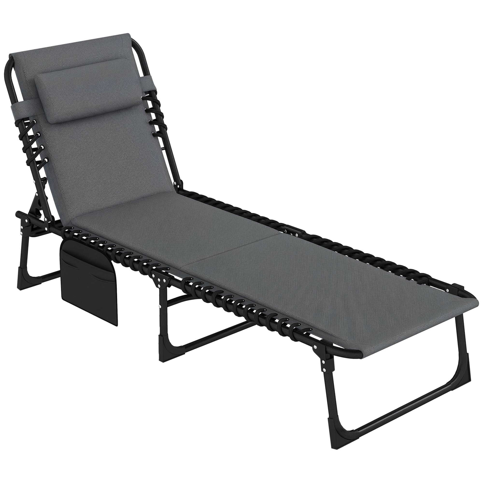 Foldable Sun Lounger Garden Lounger with Headrest Side Pocket, Padded Sun Lounger with 5-Position Adjustable Backrest, Weatherproof Camping Lounger up to 120 kg Load, for Garden Beach Dark Gray