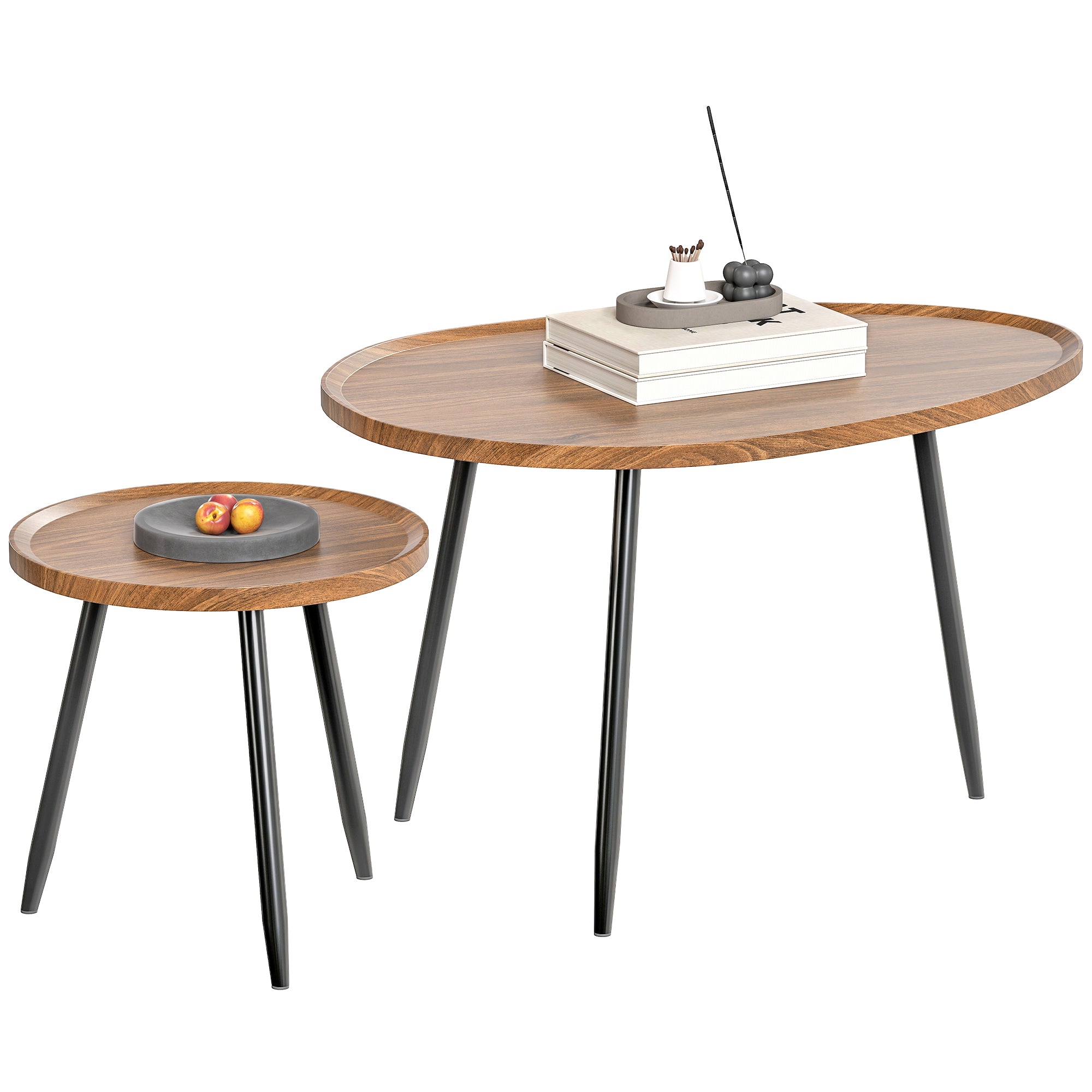 HOMCOM Sæt med 2 Stapelbare Sideborde - Nesting Kaffeeborde i Moderne Stil med Metalramme til Stue, Soveværelse, Kontor - 80x55x49 cm og Ø40x39 cm i Trælook og Sort