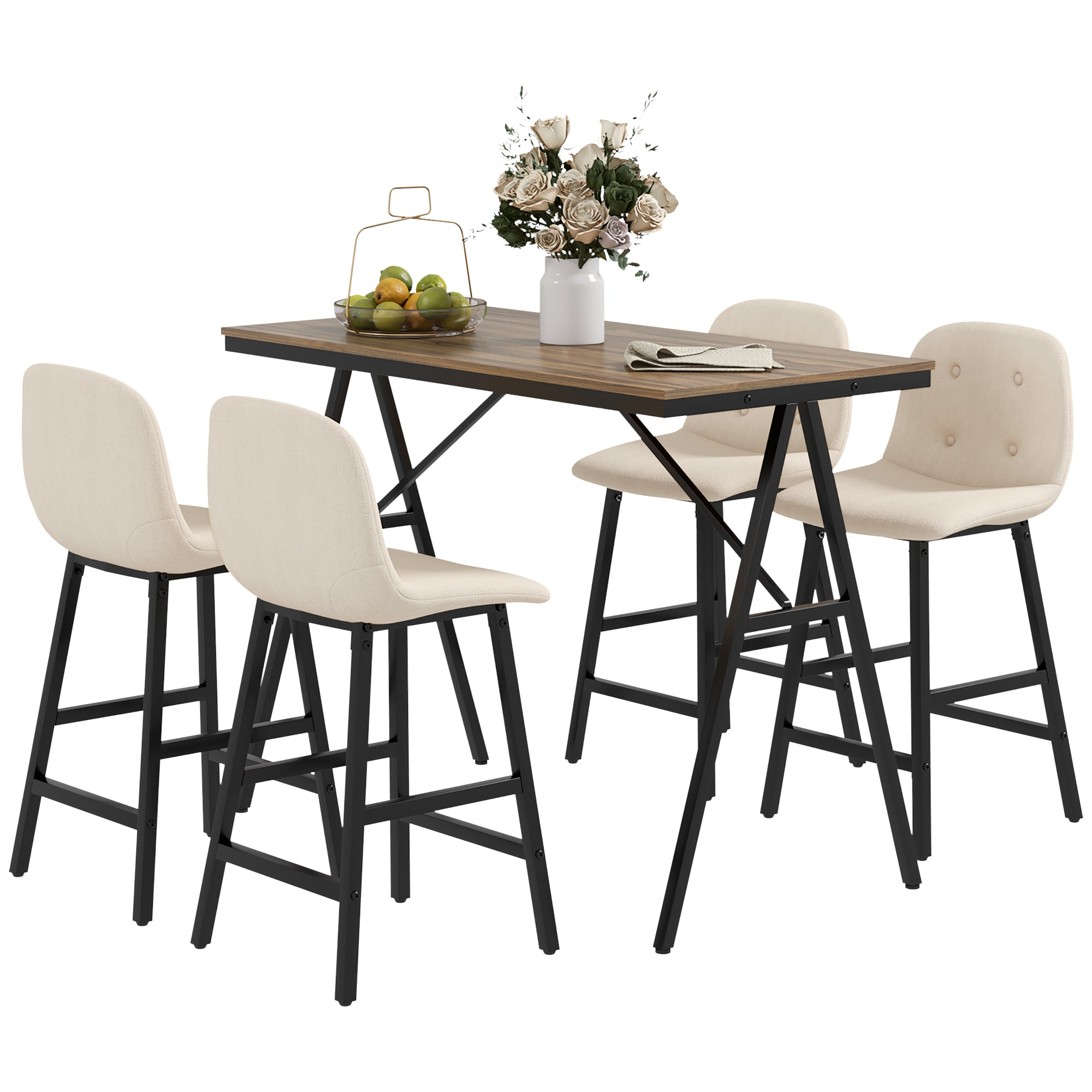 HOMCOM Bartisch-Set mit Barhockern, 5-teiliges Essgruppe, Küchentisch, Bistro-Tisch mit 4 Stühlen, Bartisch-Set für Küche, Wohnzimmer, Stahl, Beige, 120 x 60 x 91 cm