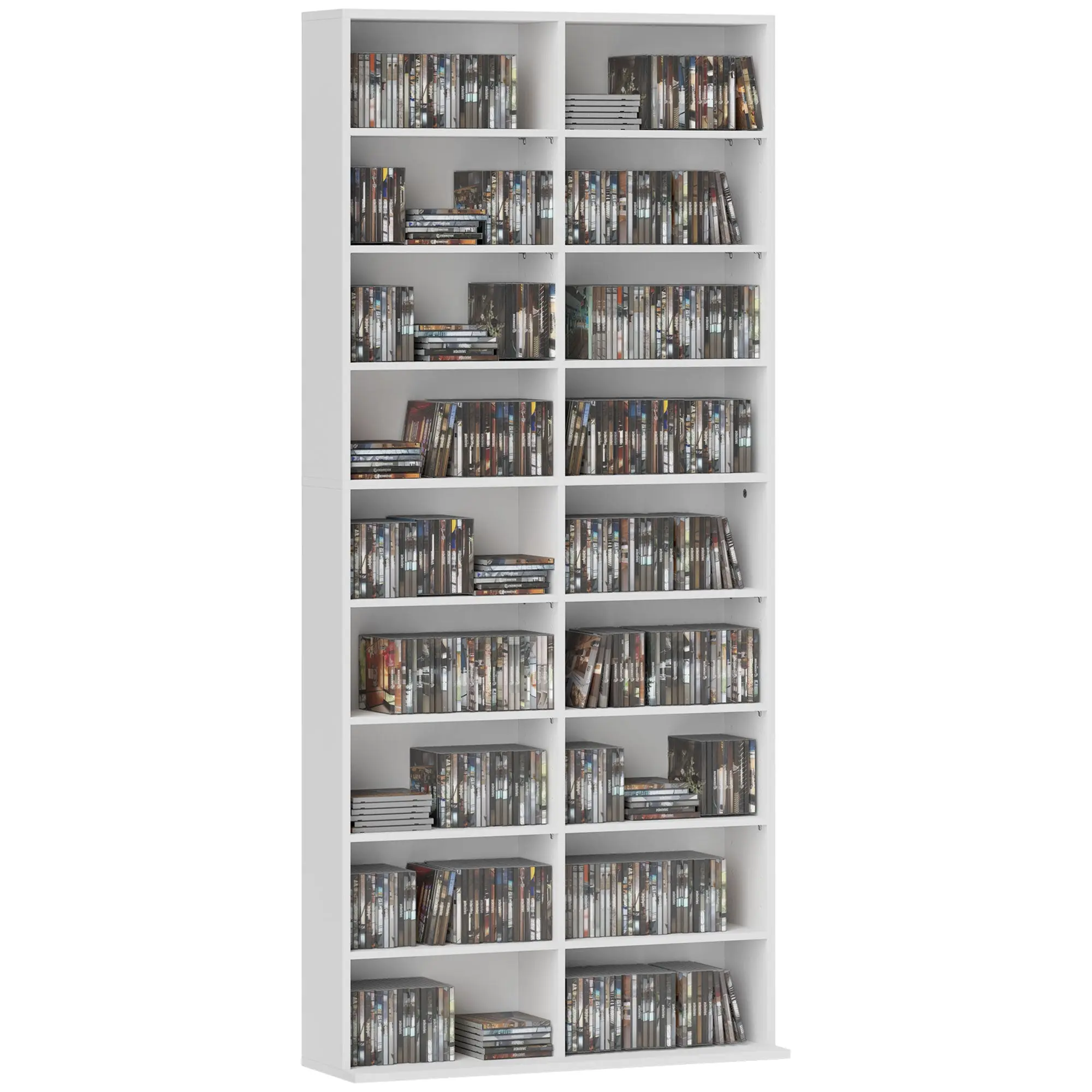 CD & DVD Storage Cabinet — Up to 640 CDs / 360 DVDs / 430 Blu-rays, 18 Compartments, 14 Adjustable Shelves, White, 78.5 x 24 x 175 cm