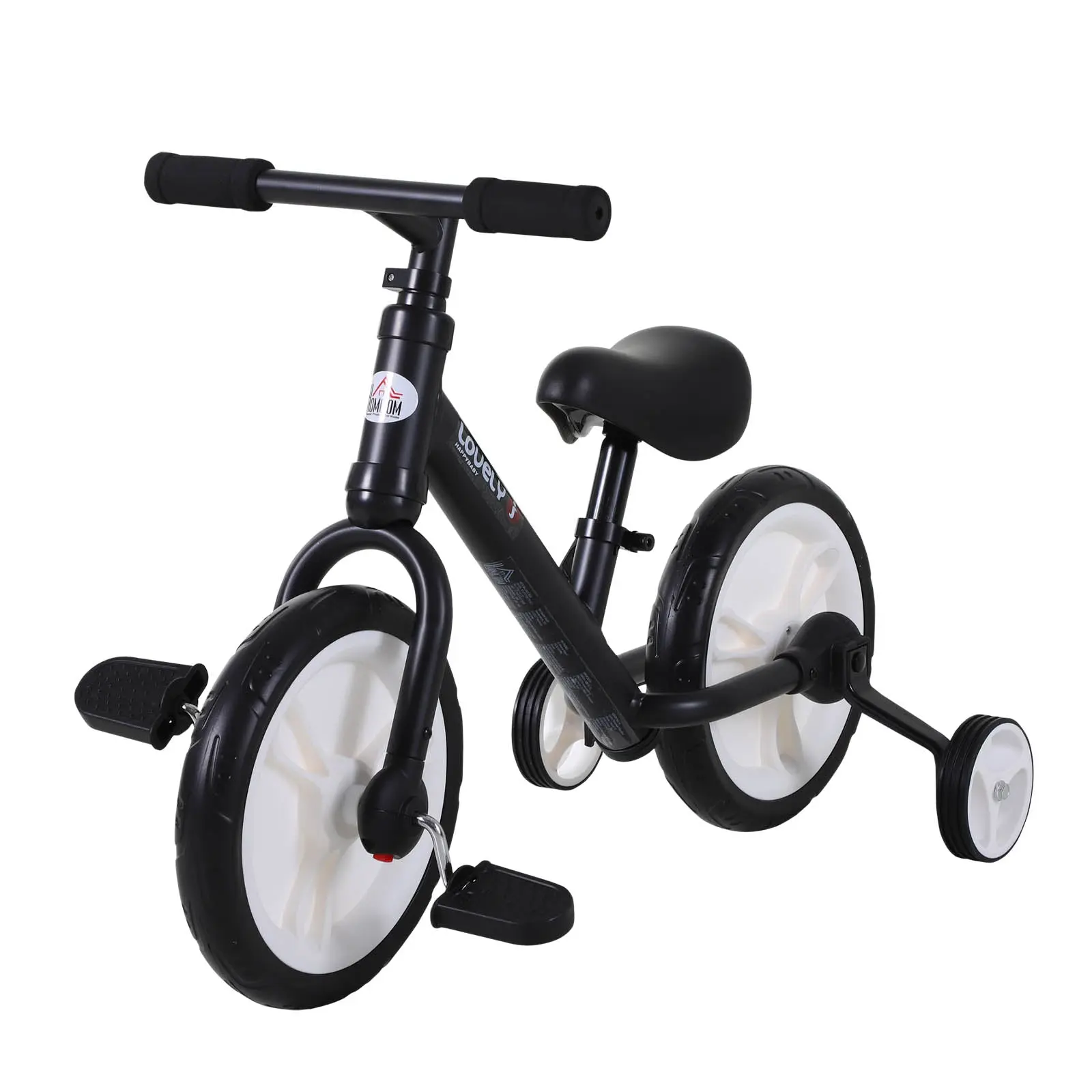 Kids Balance Bike, Training Bike, Kids Bicycle, 2-in-1, Children's Bike with Training Wheels and Pedals, 2-5 Years, Adjustable Seat Height, PP, Black, 85 x W36 x H54 cm