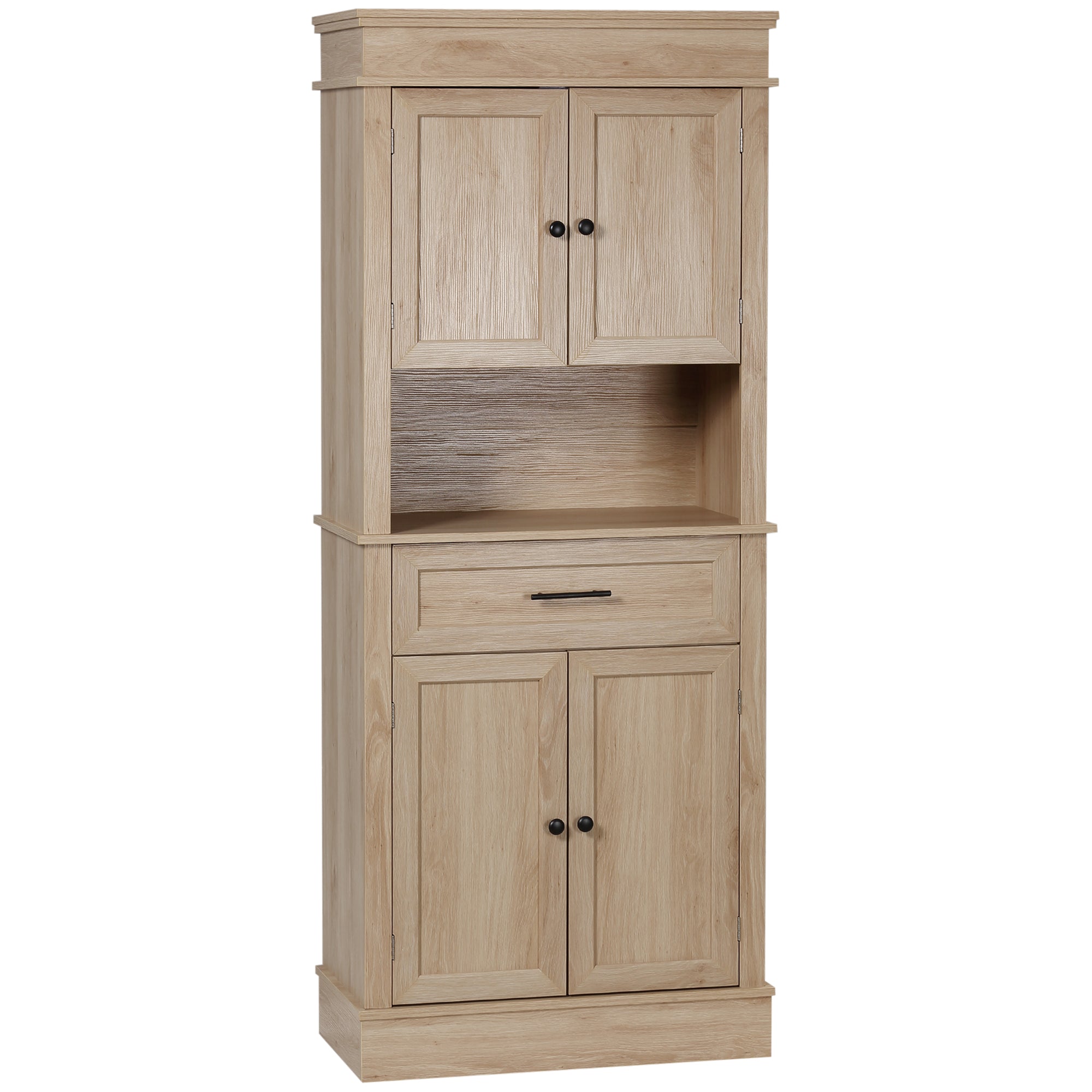 Cabinet de cuisine HOMCOM avec micro-ondes, buffet avec 4 portes, 1 tiroir et étagère ouverte pour salon 74x39,5x183 cm Chêne