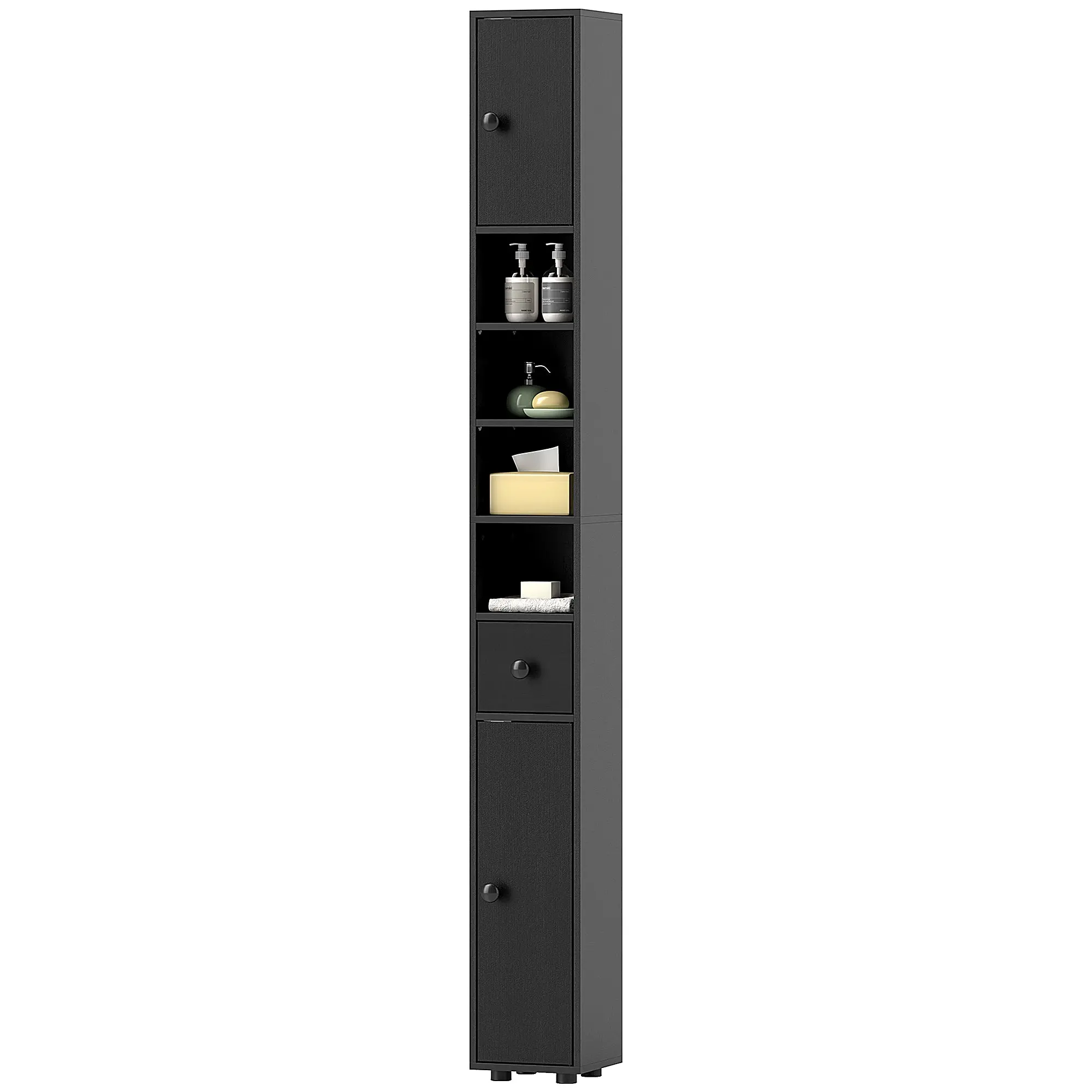 Slim Bathroom Cabinet, Tall Narrow Bathroom Storage Cabinet with Drawer, 4 Open Shelves, Adjustable Shelves & Doors, 20 x 20 x 180 cm, Black